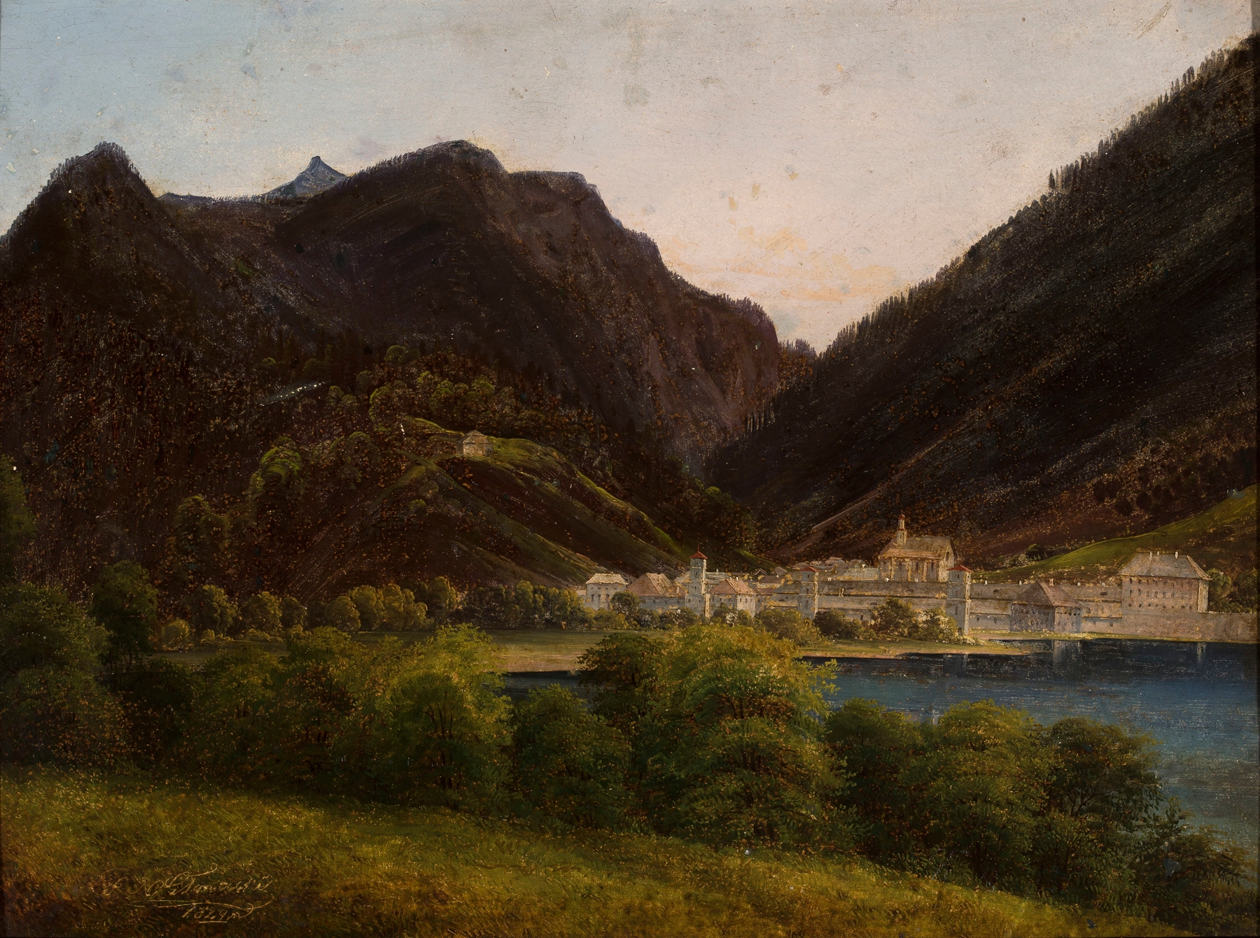 Landscape view of a city in the valley by Jan Nepomucen Glowacki, medium unknown.