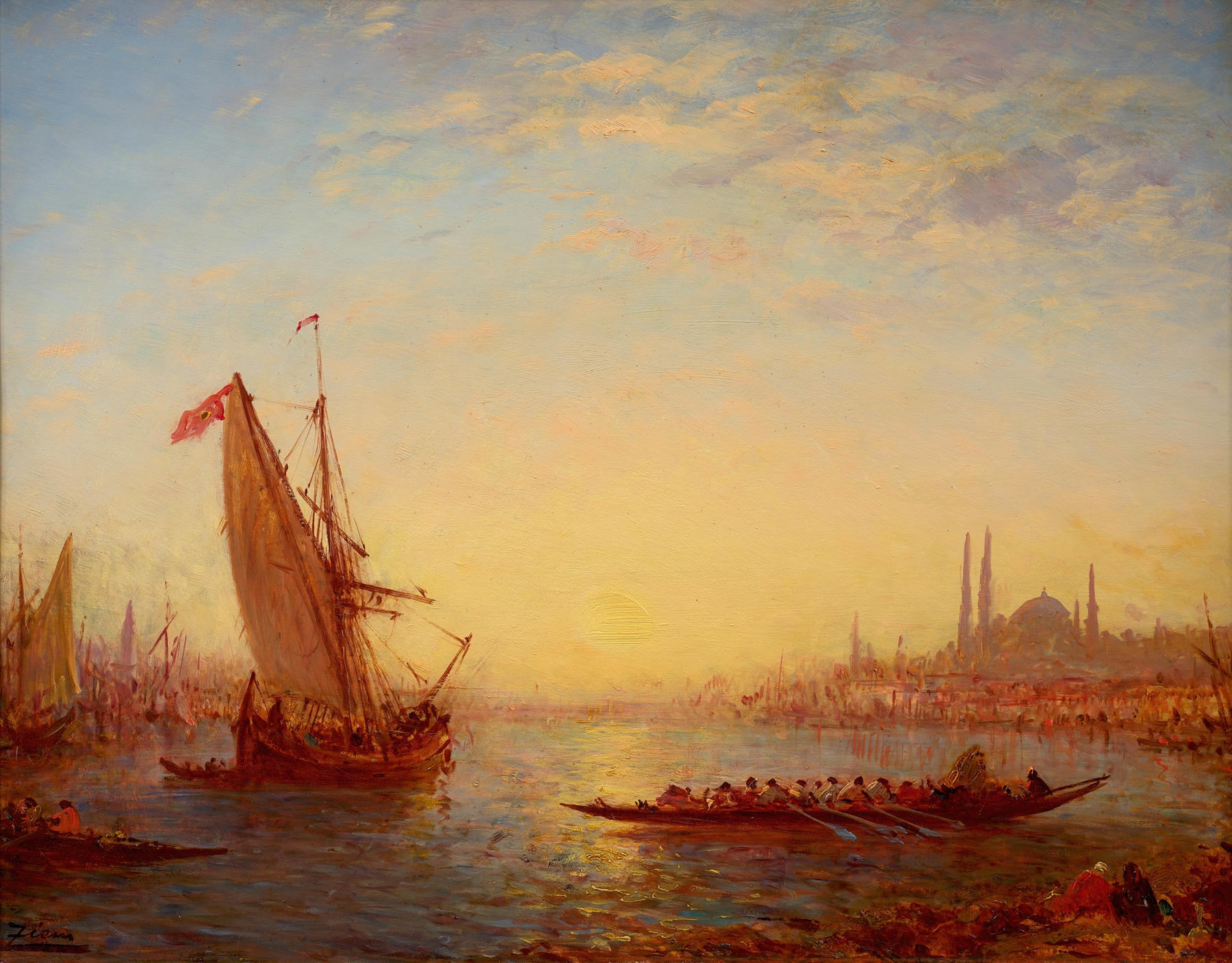 Sunset light effect on the Bosphorus, Constantinople, by Félix Ziem, public domain