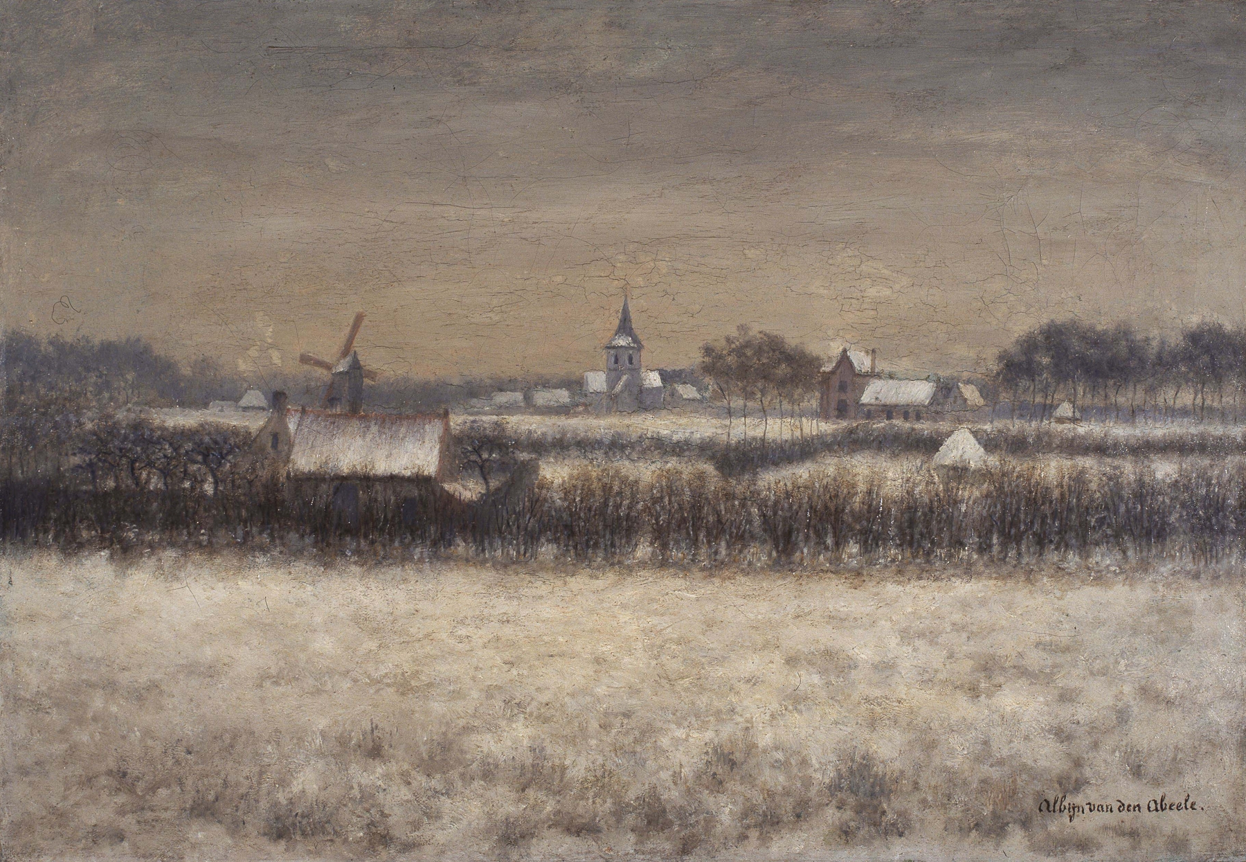 Snow-covered Sint-Martens-Latem by Albijn Van den Abeele, oil on canvas depicting a winter landscape.