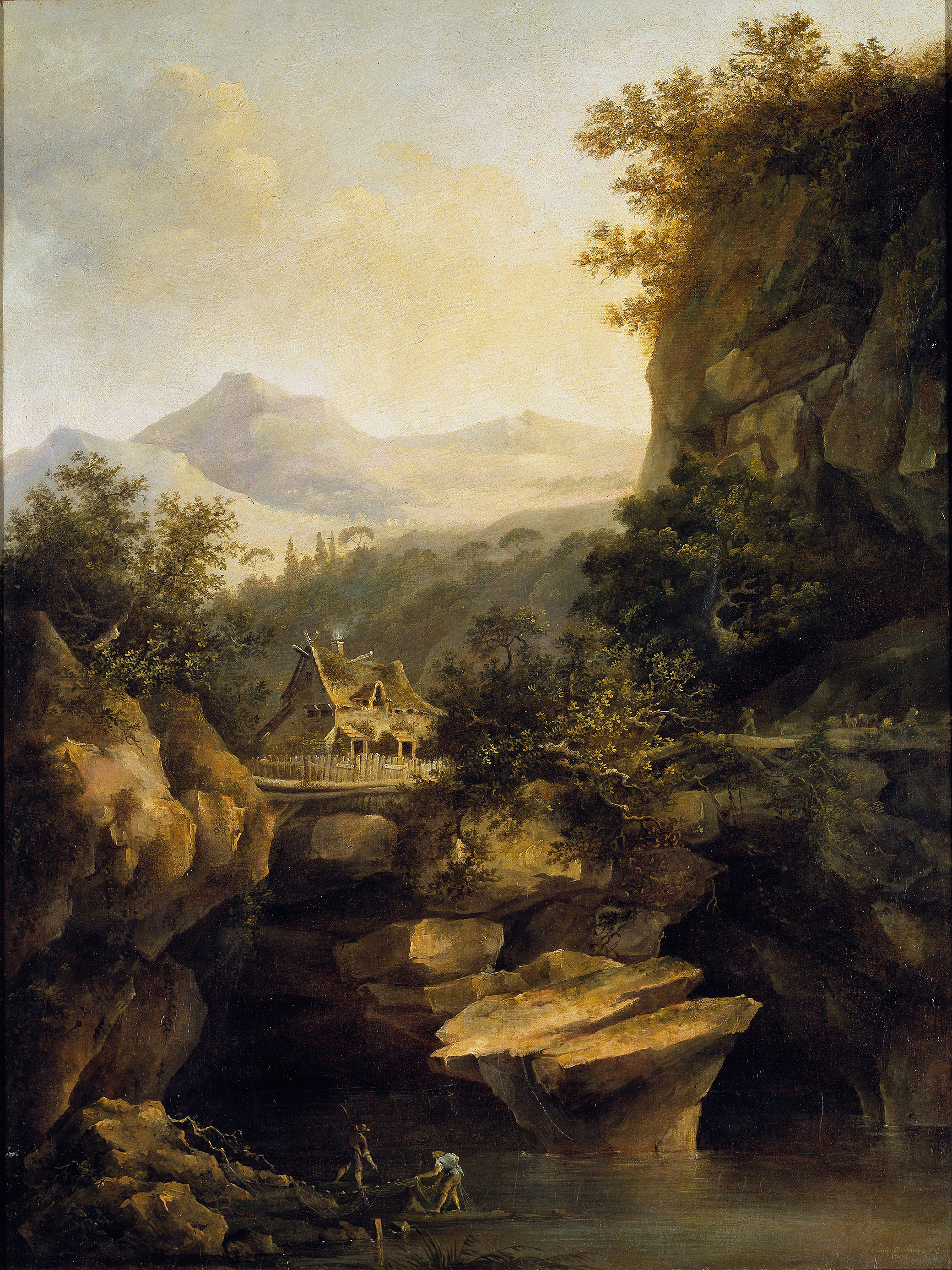 Mountainous landscape with a farm at dawn, oil painting by Louis Belanger