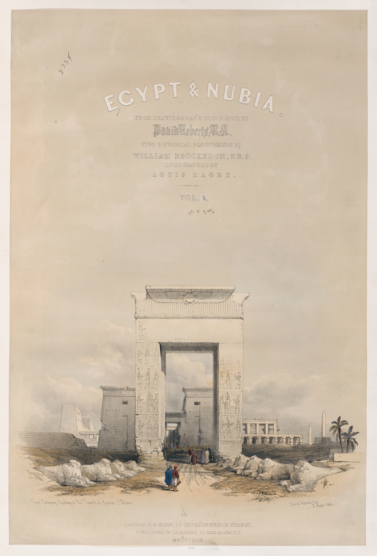 Lithograph by David Roberts depicting the Temple of Karnac with grand columns.