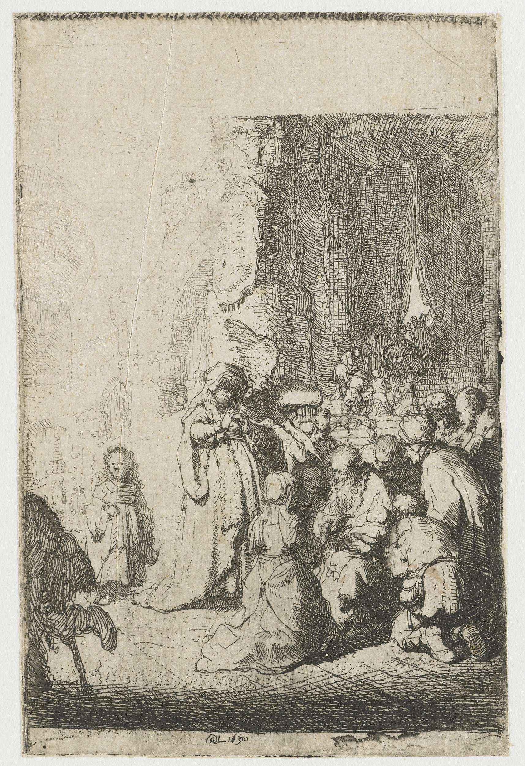 Etching by Rembrandt van Rijn showing an angel presenting a small plate in a temple