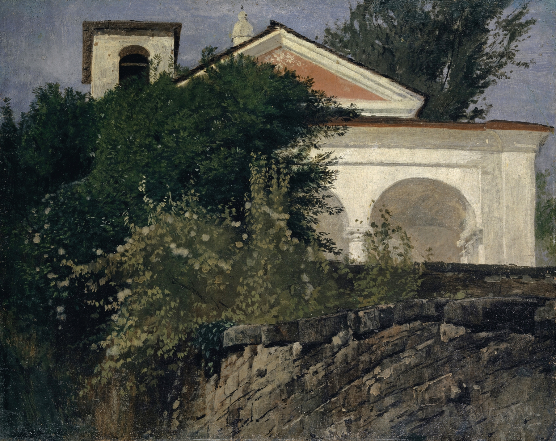 Chapel near Contra, oil on canvas by Hans Sandreuter, depicting a serene landscape with a chapel.