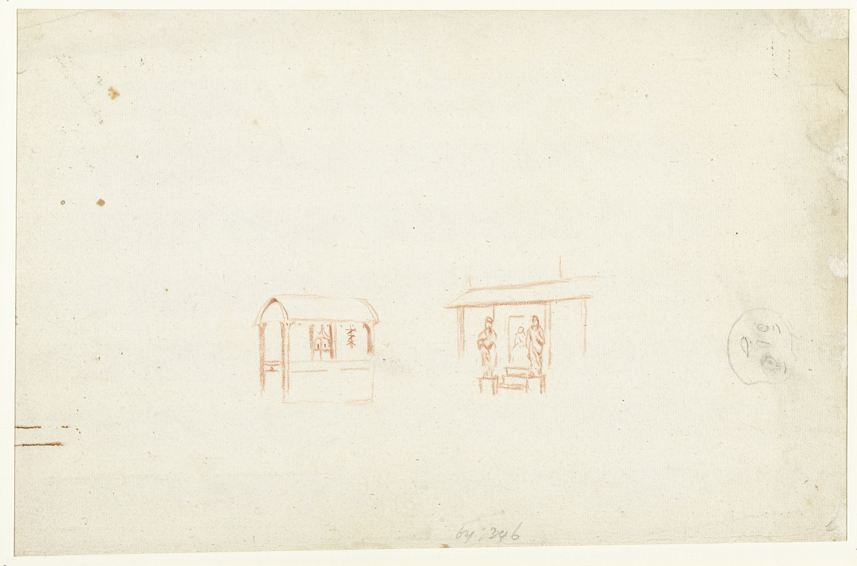 Drawing of whimsical figures and architectural sketches by an unknown artist