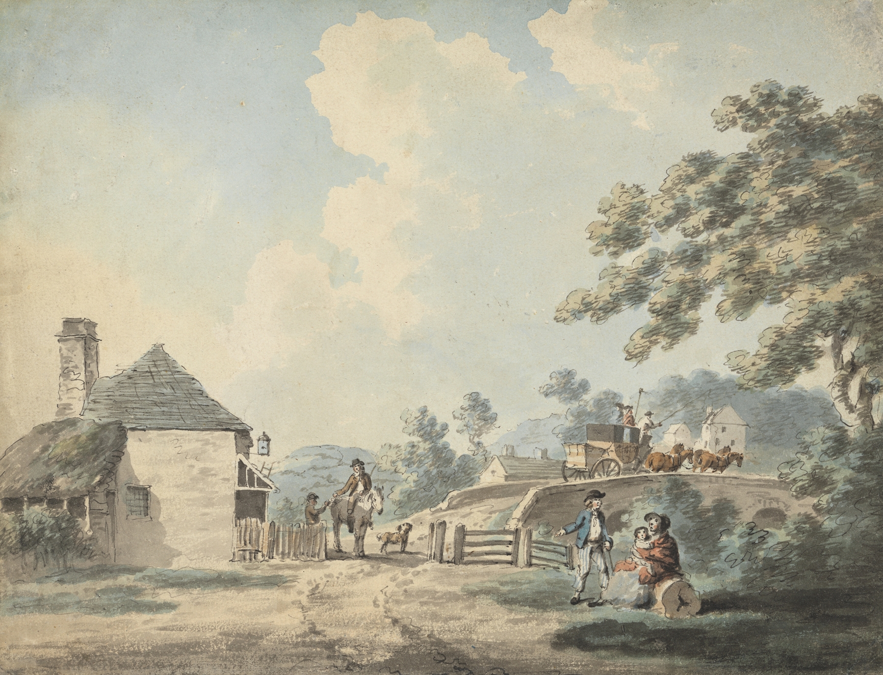 The Toll-house with a Coach Crossing the Bridge, watercolor on paper by Samuel Howitt