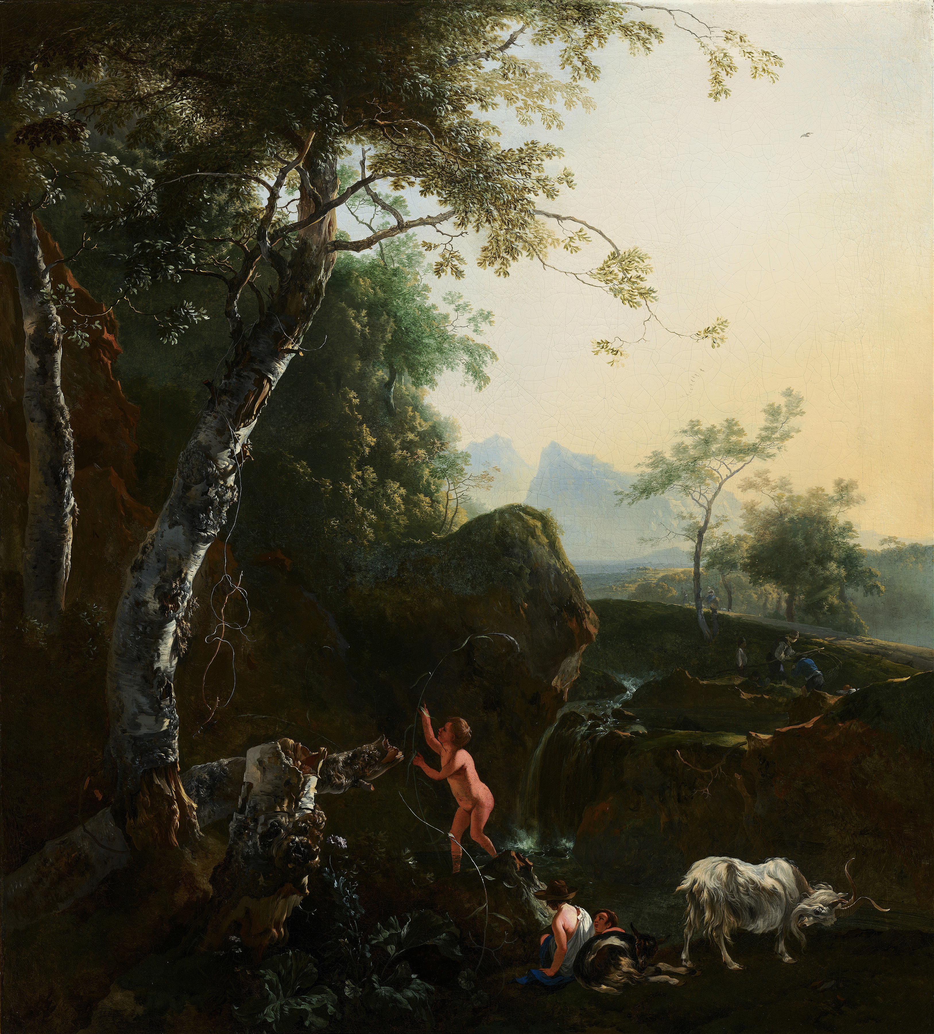 Mountainous landscape with waterfall by Adam Pynacker, oil painting