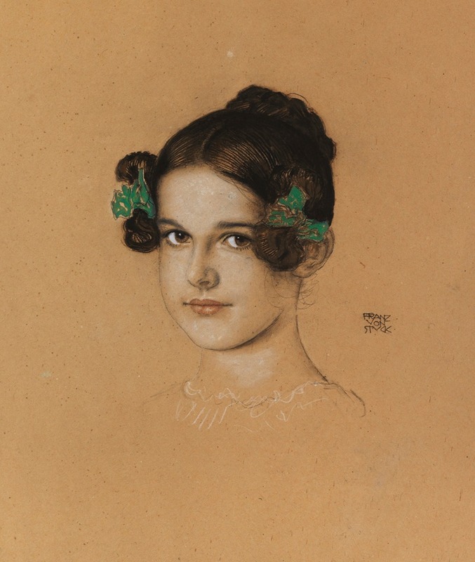Portrait of Mary, daughter of Franz von Stuck, adorned with green ribbons.