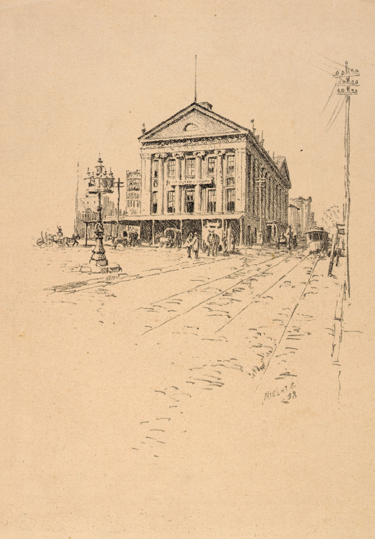 Etching of Clinton Hall by Charles Frederick William Mielatz, featuring light through windows.