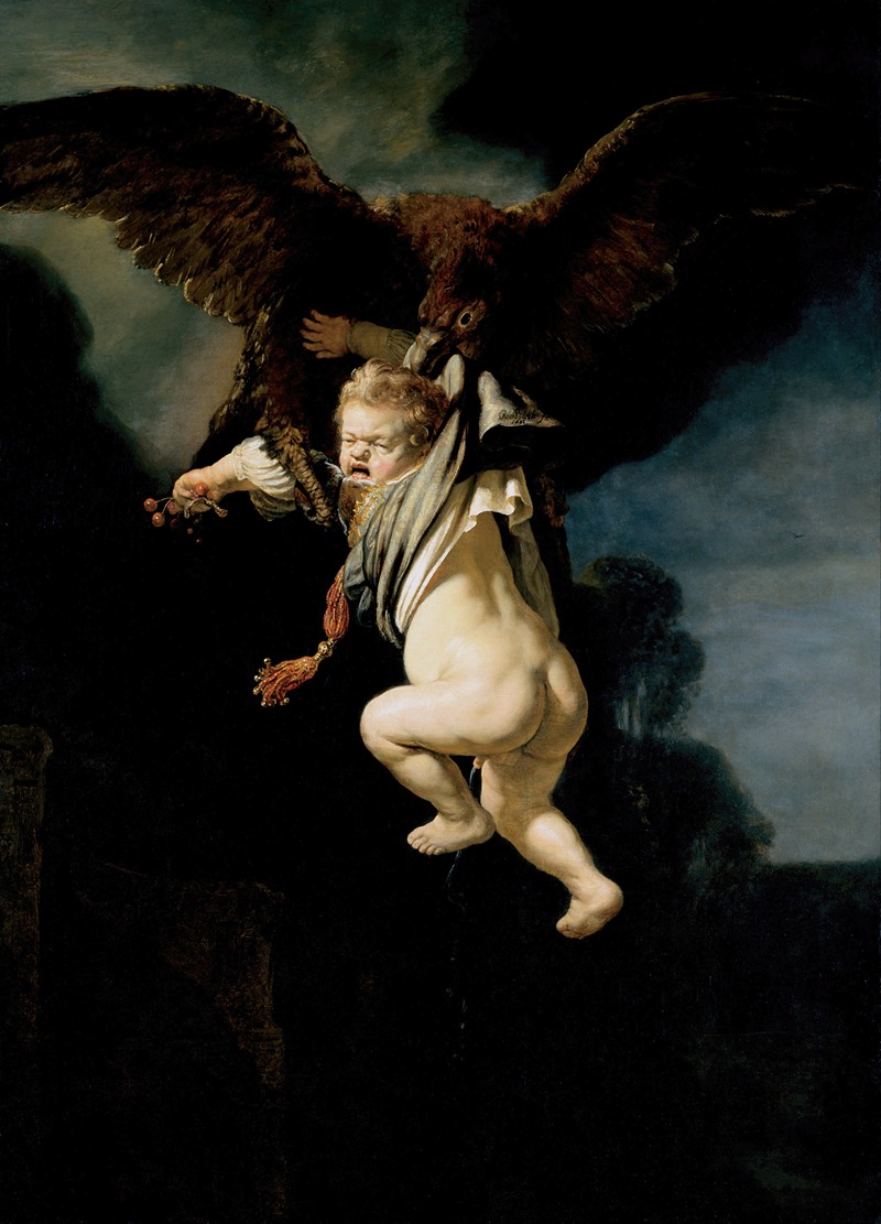 Rembrandt's 'The Abduction of Ganymede' depicts a mythological scene with rich colors and dynamic figures.