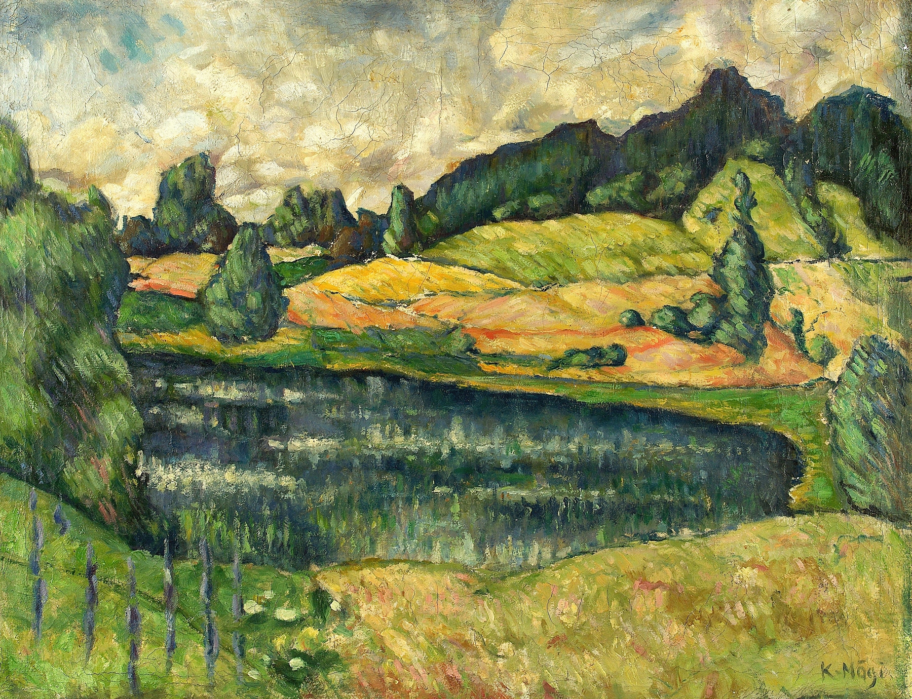 Landscape from Estonia by Konrad Mägi, oil on canvas depicting rolling greens and a blue sky.