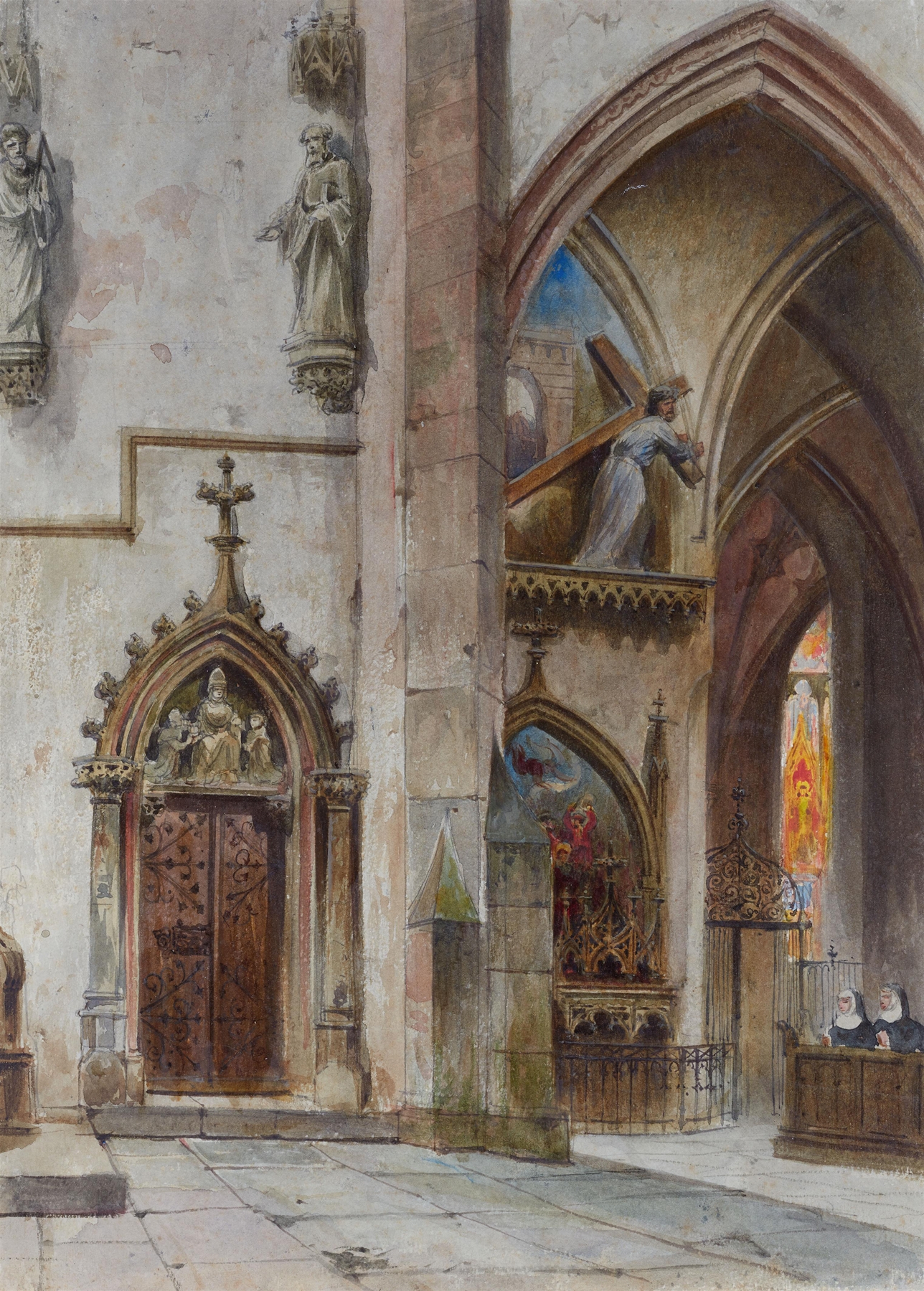 Interior of a Gothic cathedral with stained glass by Robert Stieler
