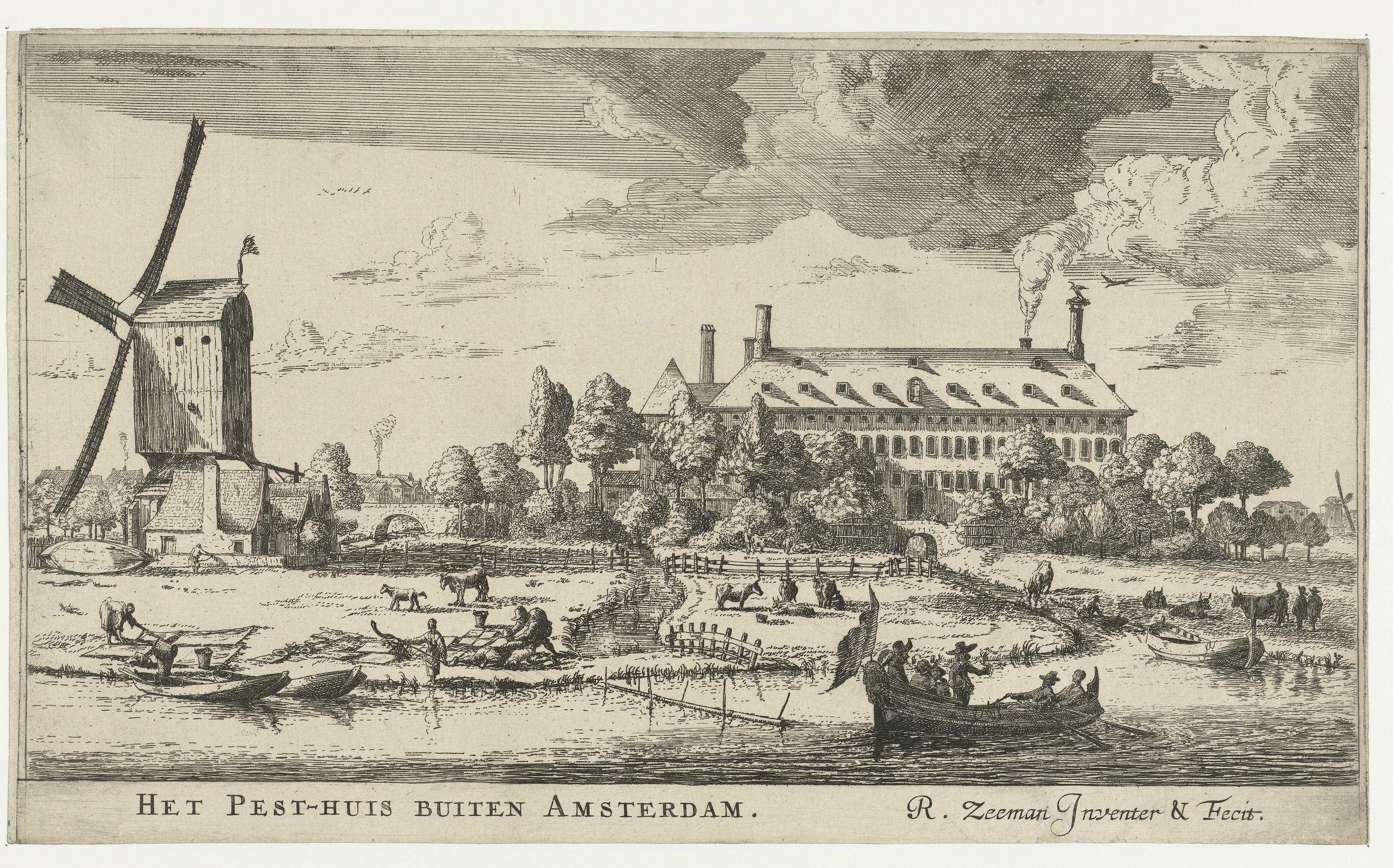 Gezicht op het Pesthuis (Buitengasthuis) bij Amsterdam, by Reinier Nooms, public domain