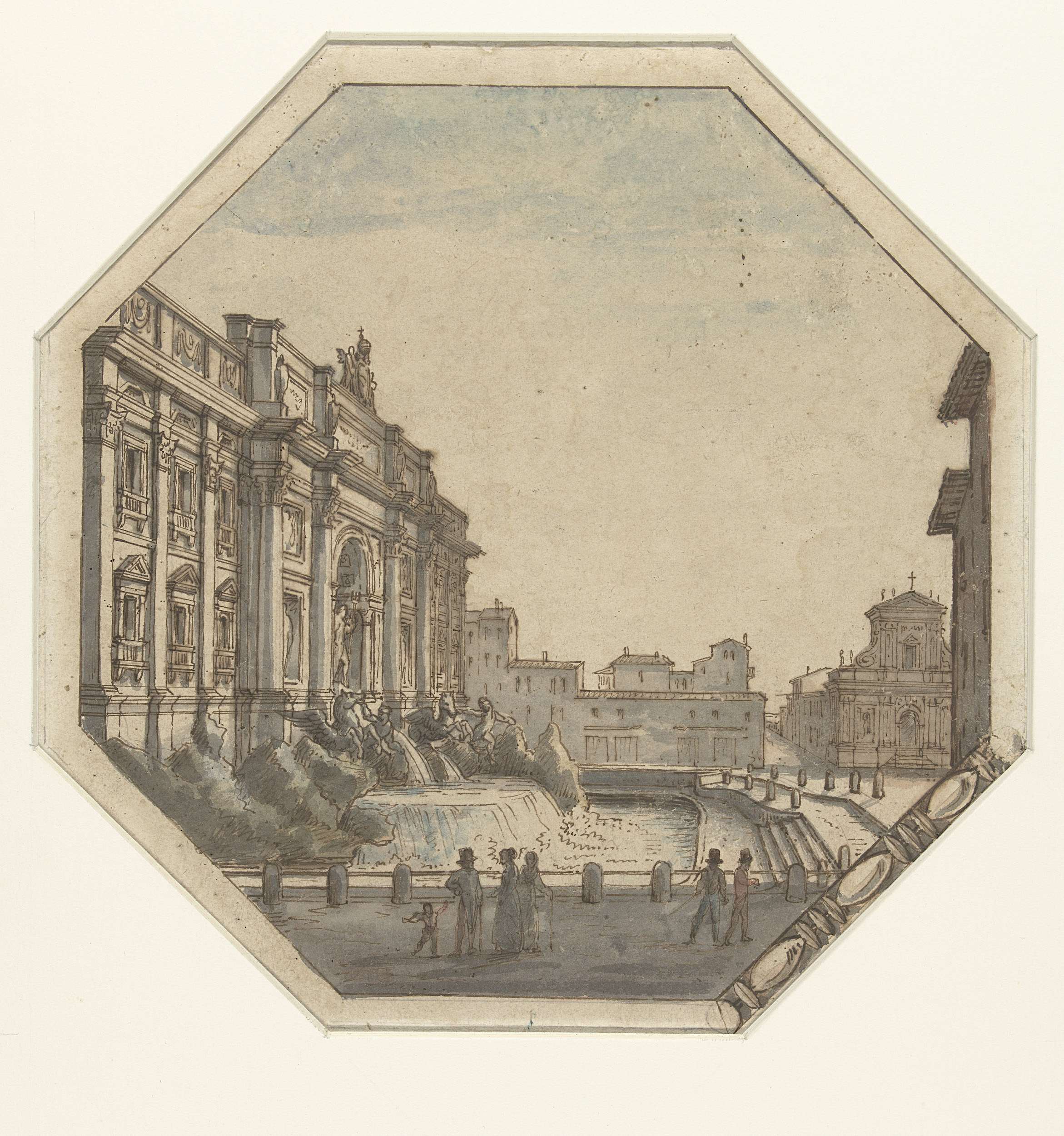 Fontana di Trevi watercolor by Victor Jean Nicolle, depicting a landscape with architecture and sky.