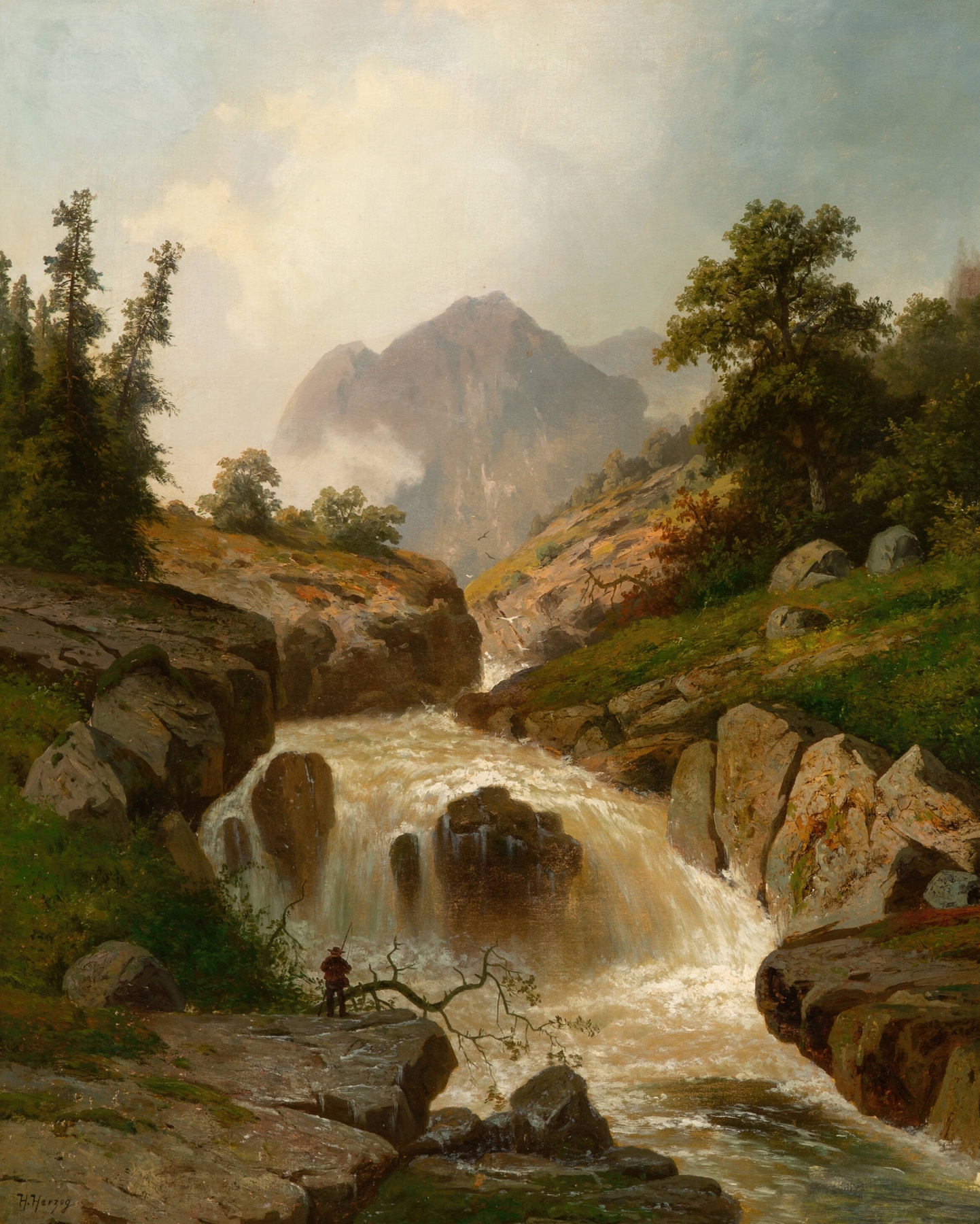 The Rippling River by Hermann Ottomar Herzog, oil on canvas depicting a tranquil river scene with sunlight.