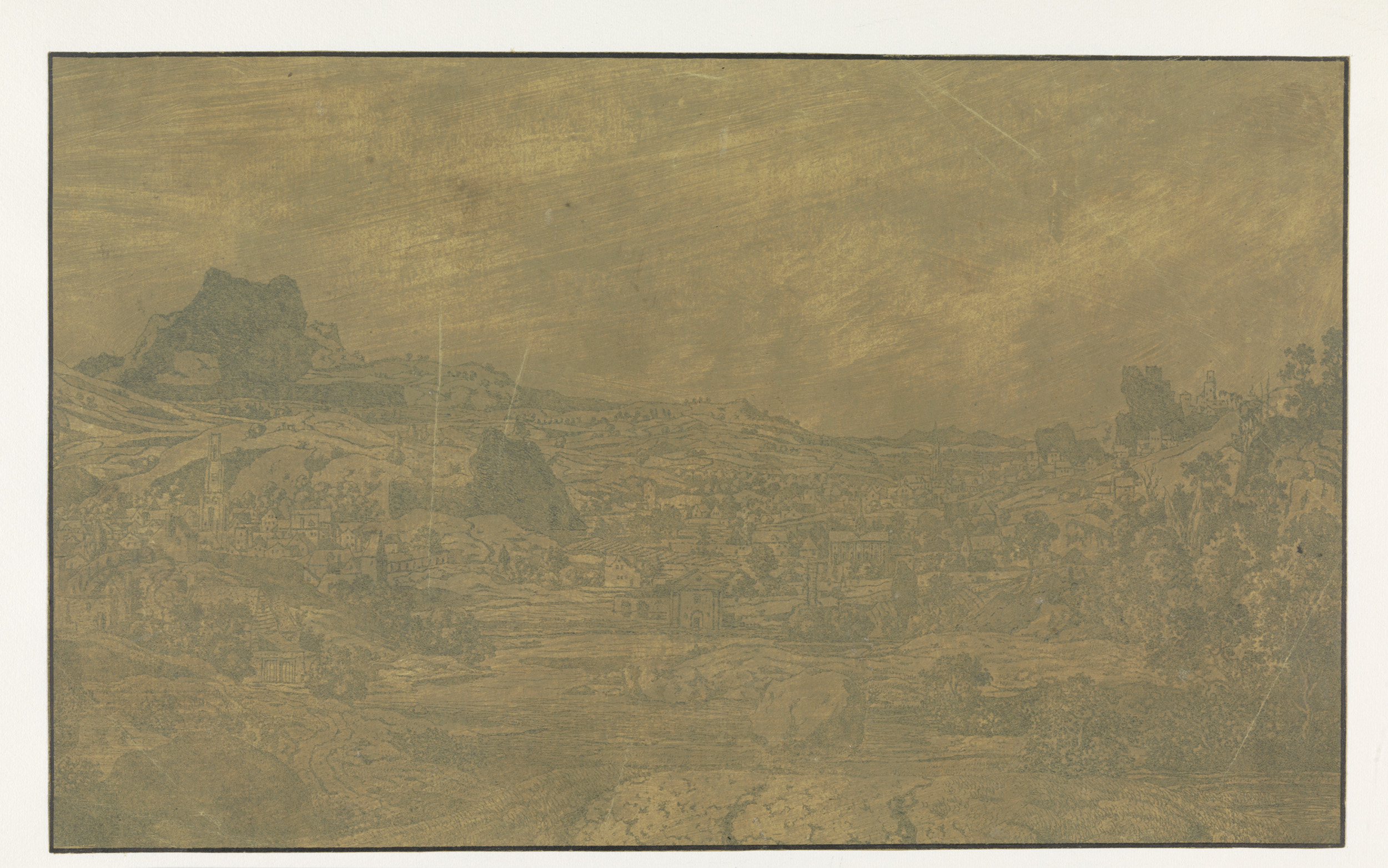 Valley with a River and a Town with Four Towers, by Hercules Segers, public domain