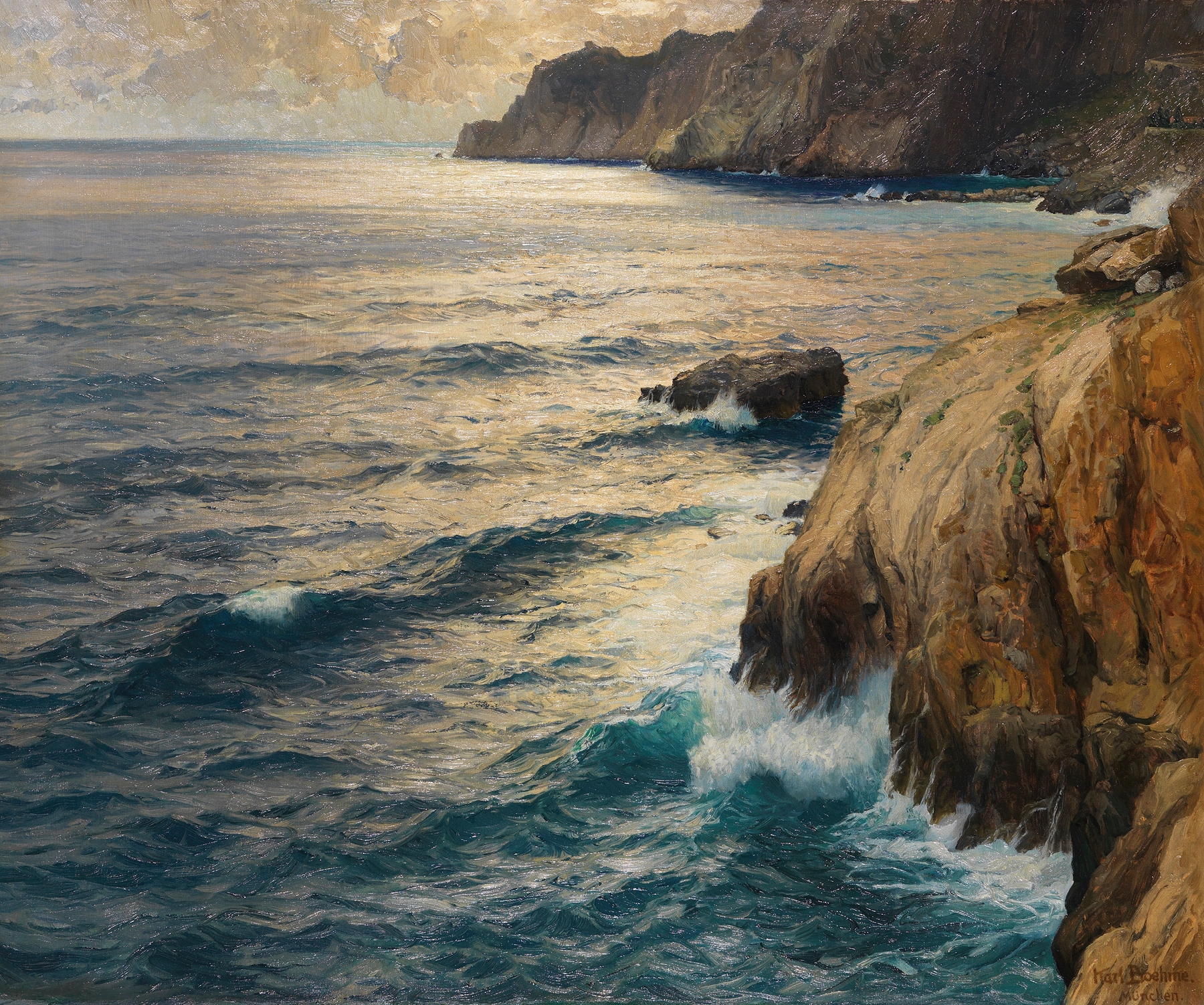 Die Sirenenbucht von Capri by Karl Theodor Boehme, oil painting depicting tranquil waters and rugged cliffs.