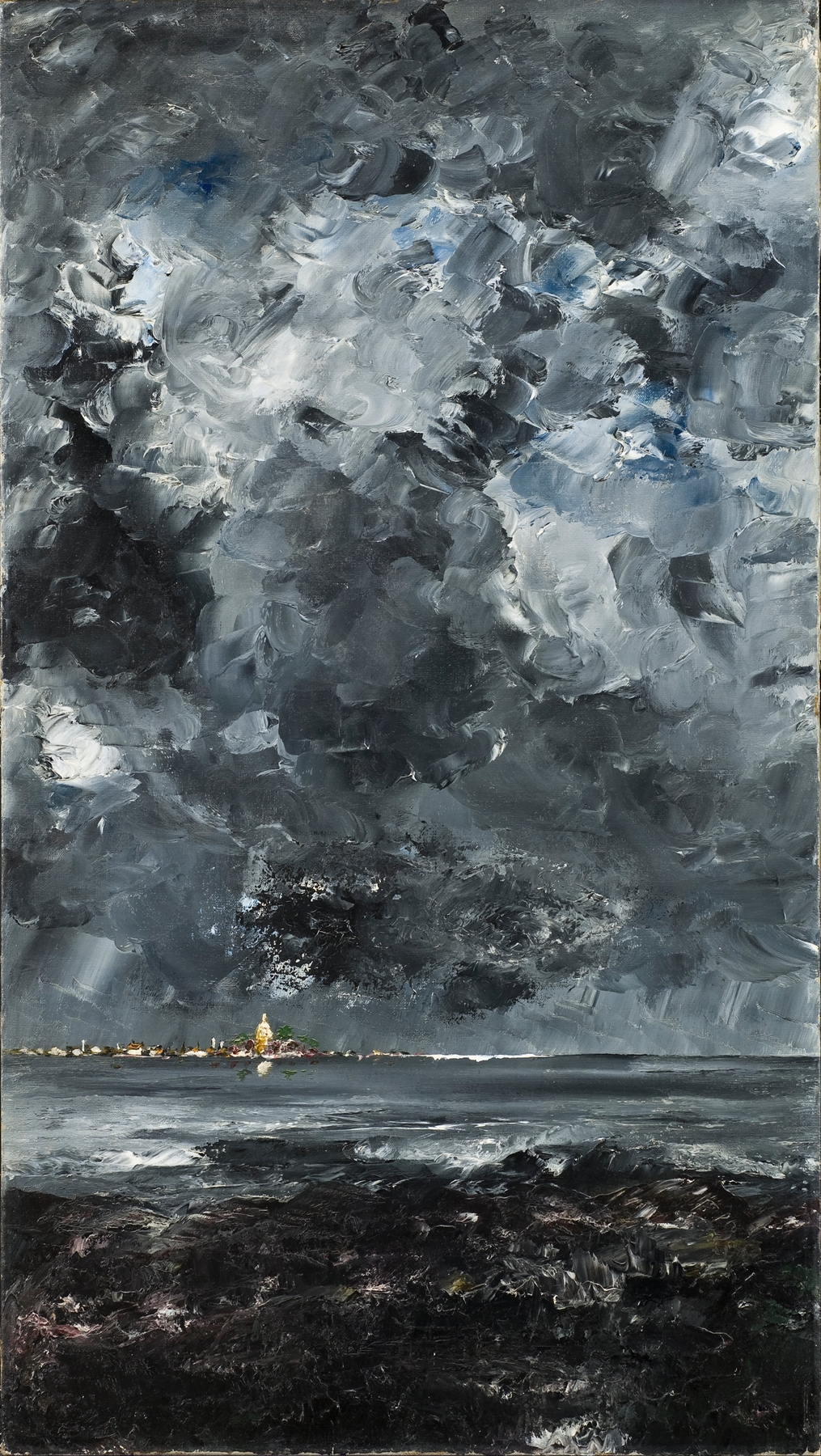 Landscape depicting a town under a dark sky, oil painting by August Strindberg