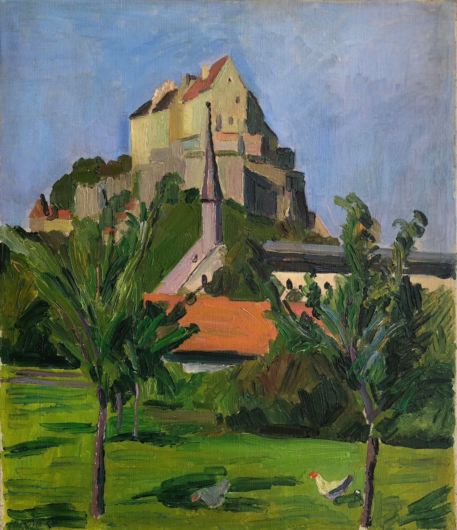 Burghausen – Garten mit Hühnern, im Hintergrund die Burganlage, by Otto Geigenberger, public domain