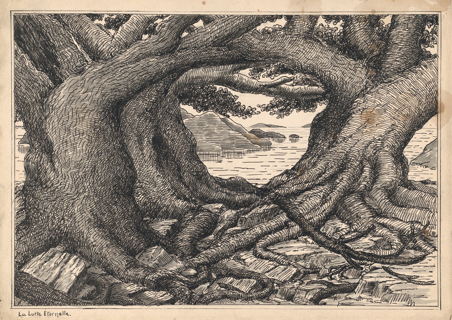 La Lutte Eternelle by Herbert Crowley, ink on paper, featuring intertwined figures with dynamic colors.