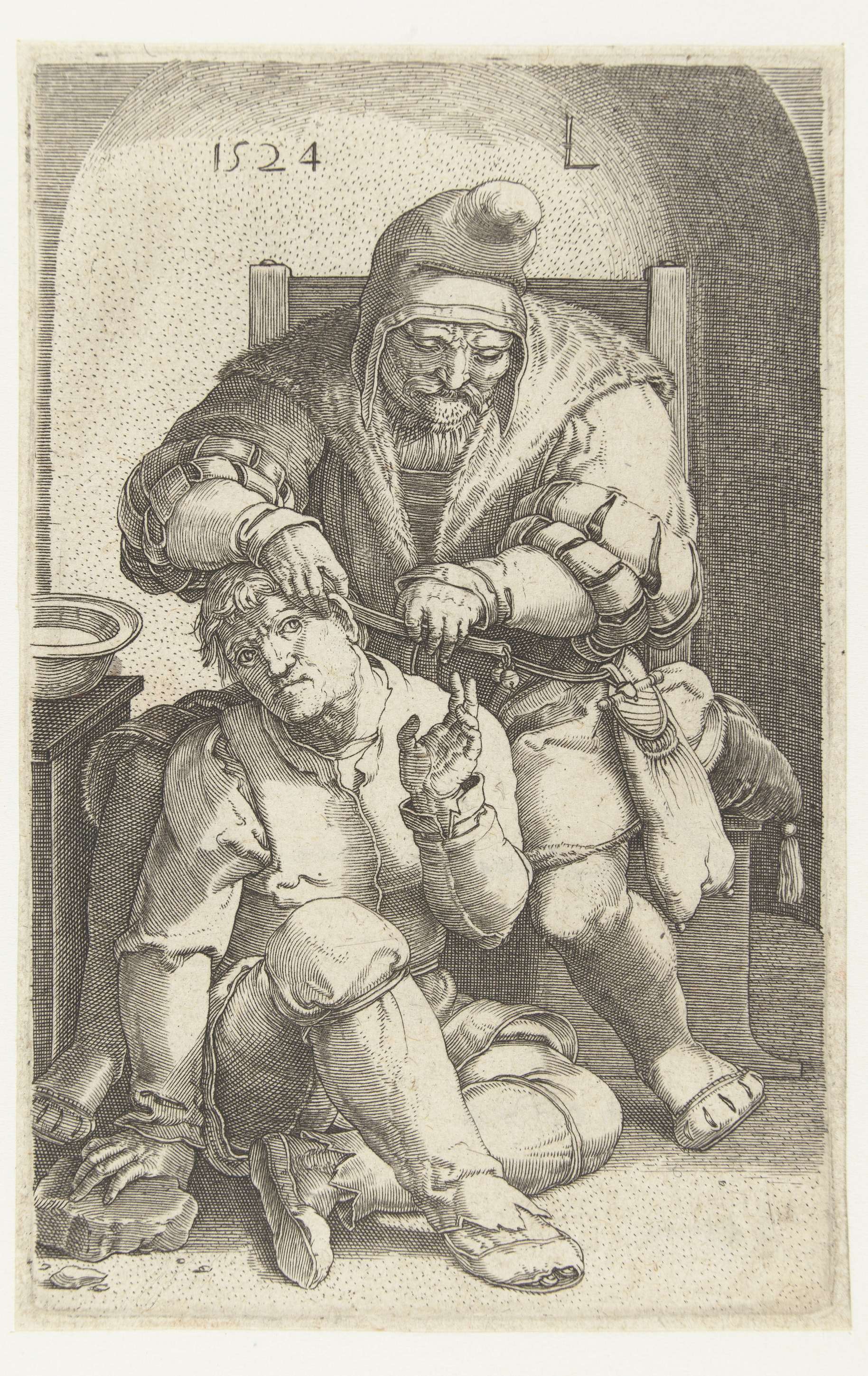 Engraving by Jan Harmensz. Muller depicting a surgeon at a dissection table