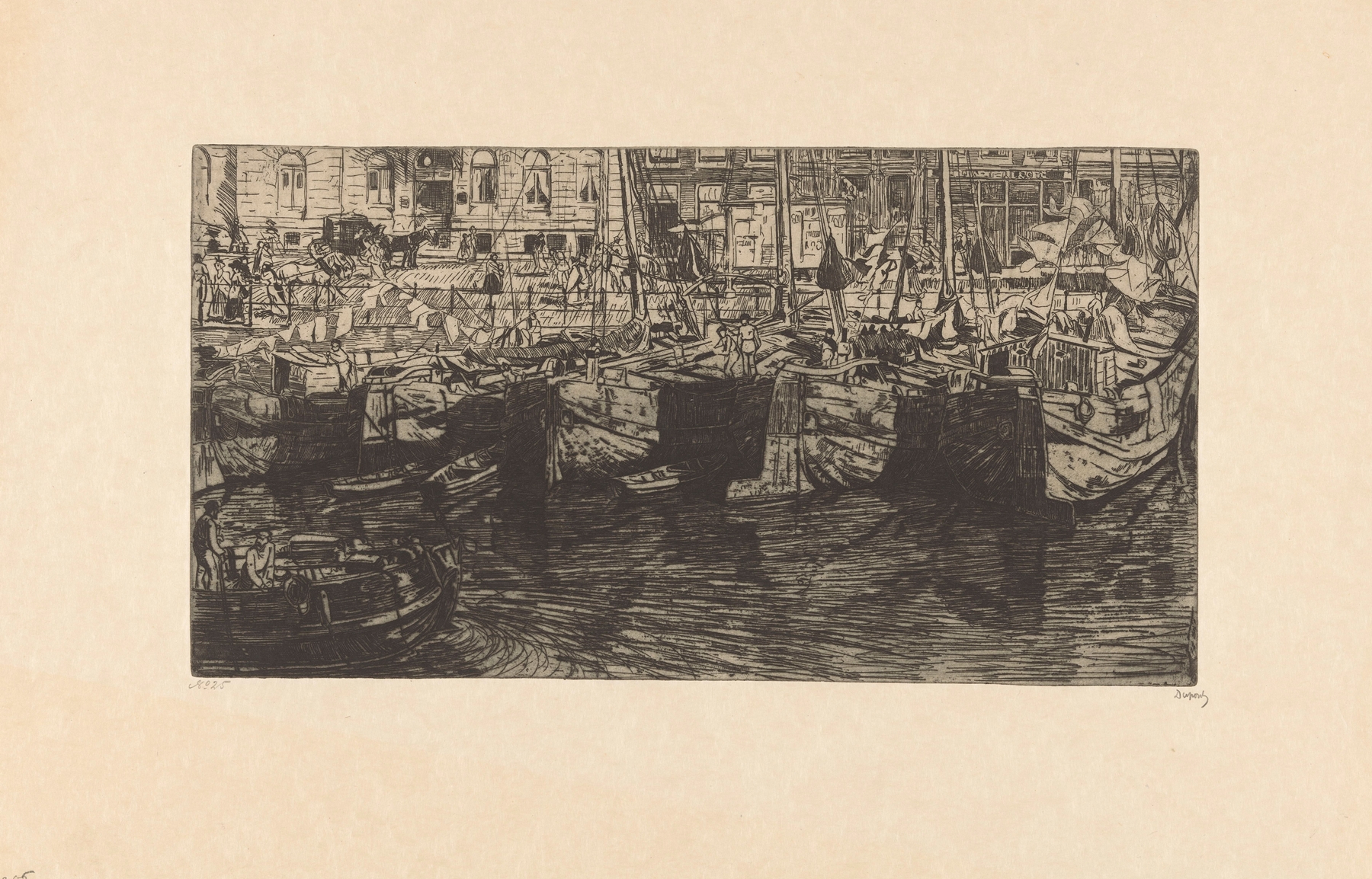 Oil painting by Pieter Dupont depicting boats in the Damrak, Amsterdam, with golden light reflecting on the water.