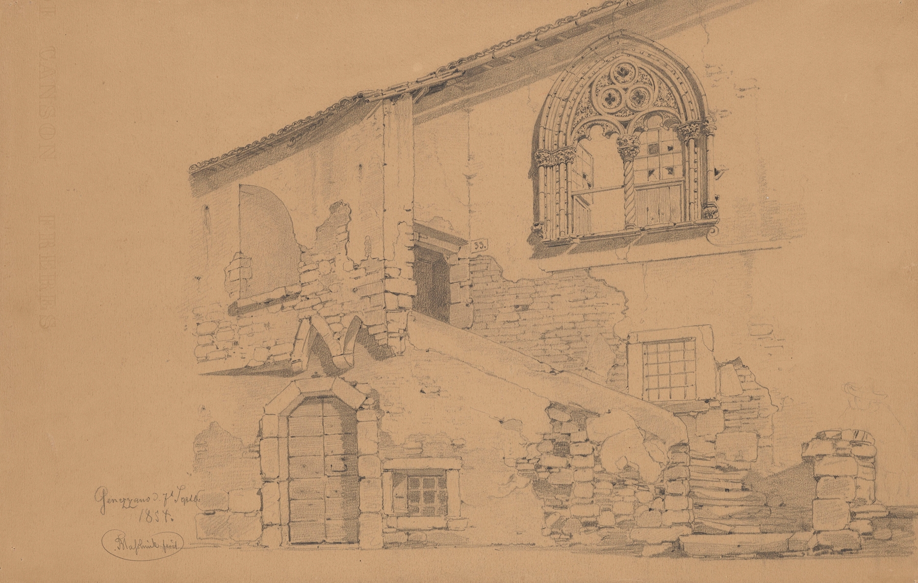 Watercolour by Arthur Blaschnik depicting a medieval building in Genazzano with a decorated window.