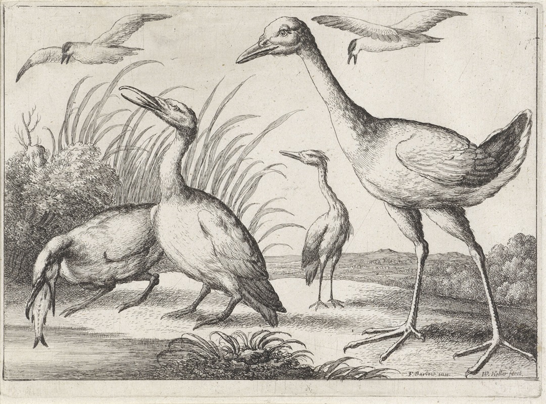 A painting featuring two cormorants, a heron, and a large wading bird in a river landscape.