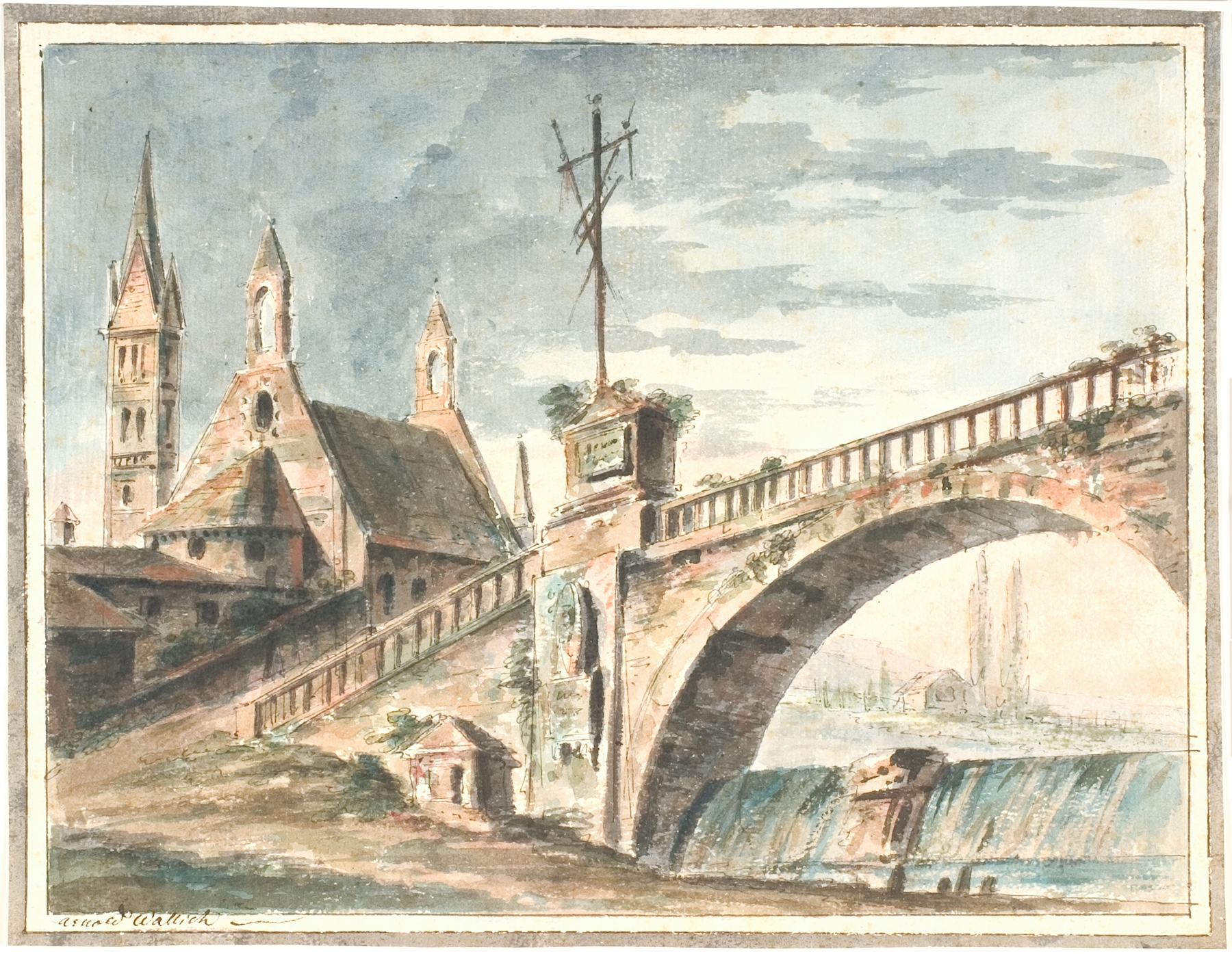 Landscape featuring a bridge over a river, by Aron Wallick, oil painting