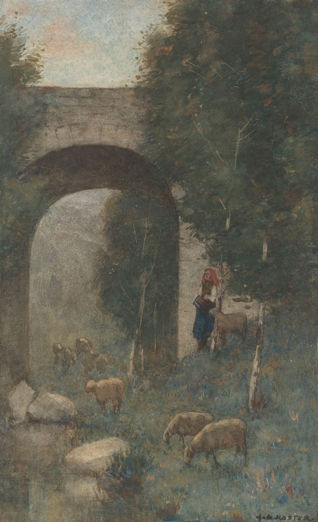 Genre scene depicting a shepherdess with sheep near a viaduct, oil painting by Anton L. Koster