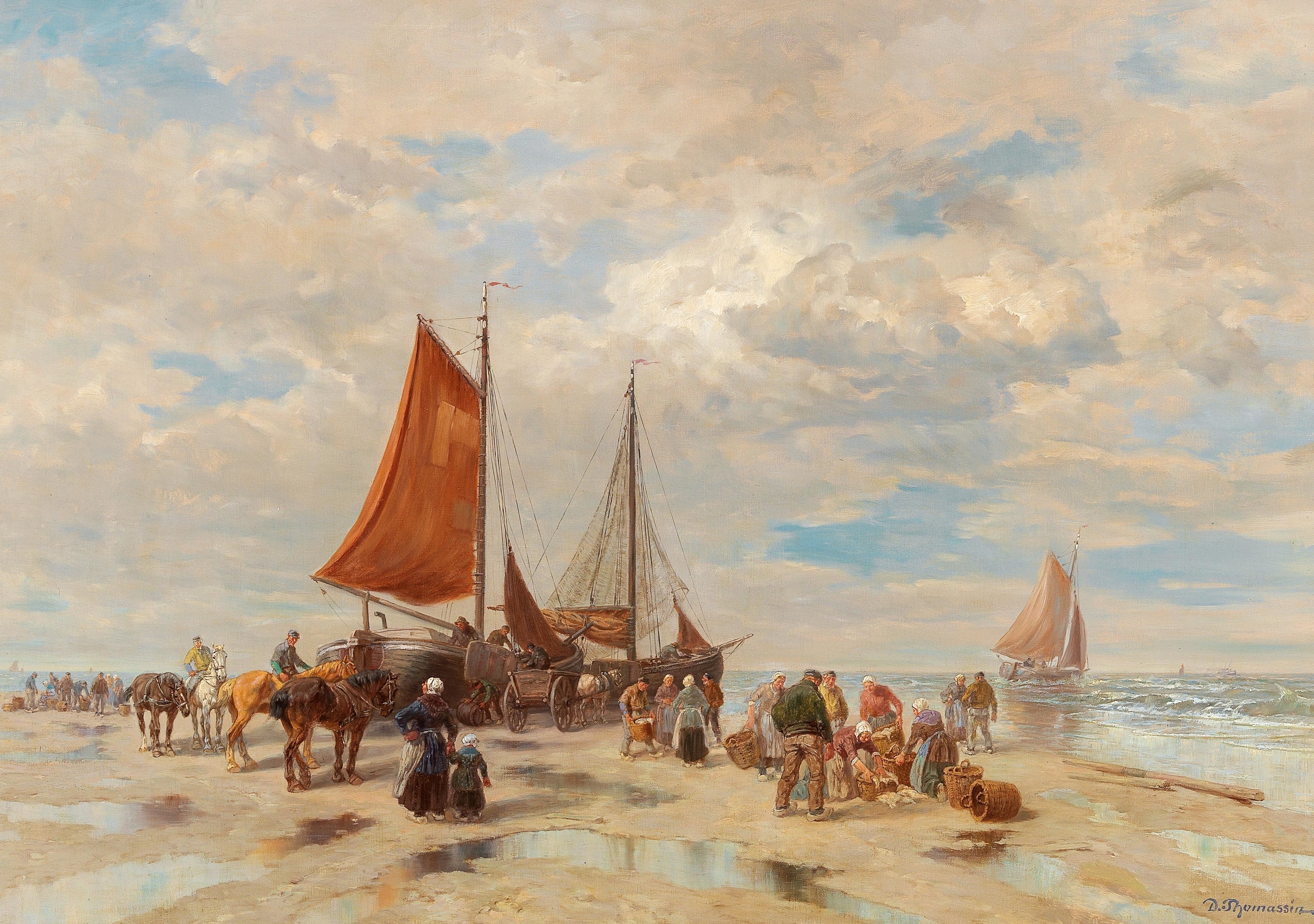 Fishermen On The Beach by Désiré Thomassin, oil painting depicting fishermen along the shore at sunset.