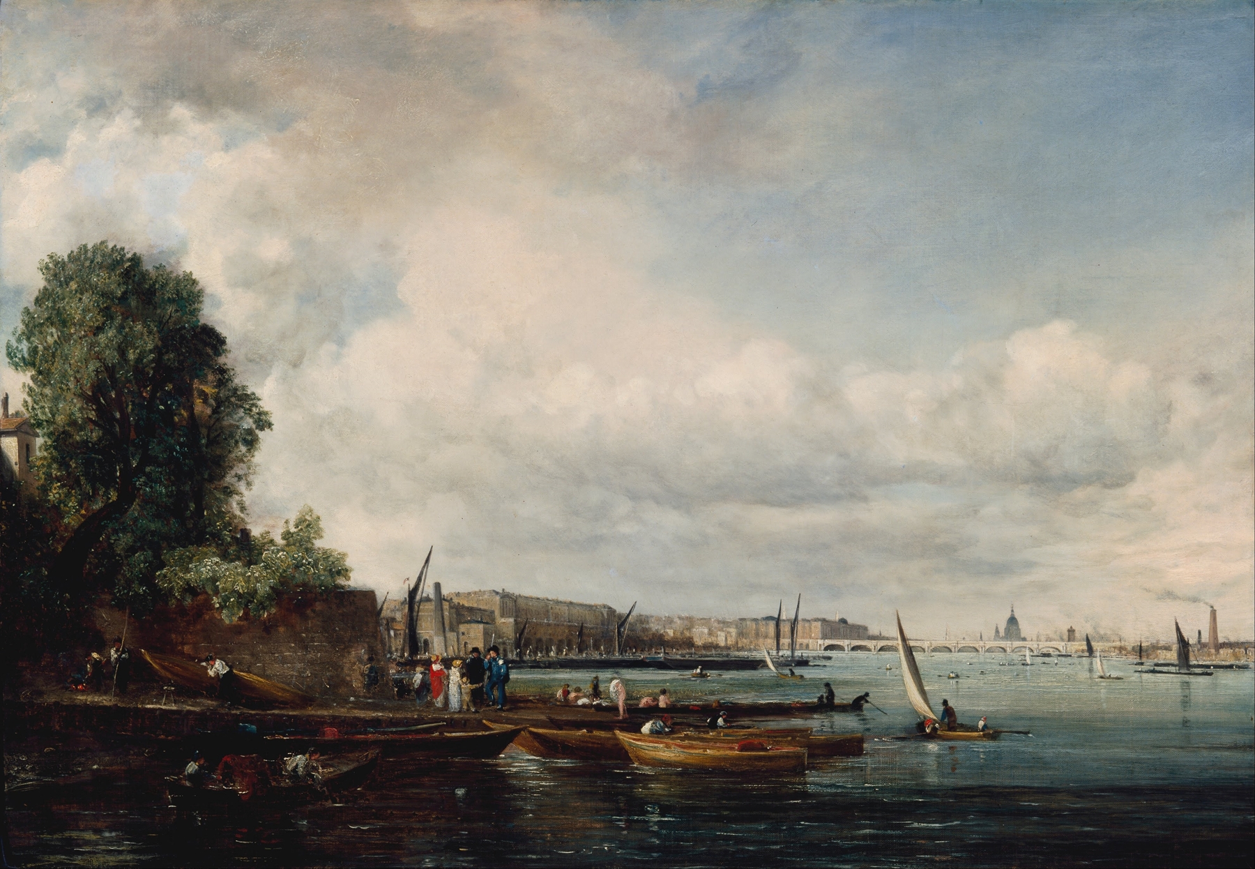 Oil painting of Waterloo Bridge by John Constable, featuring a serene river and soft clouds.
