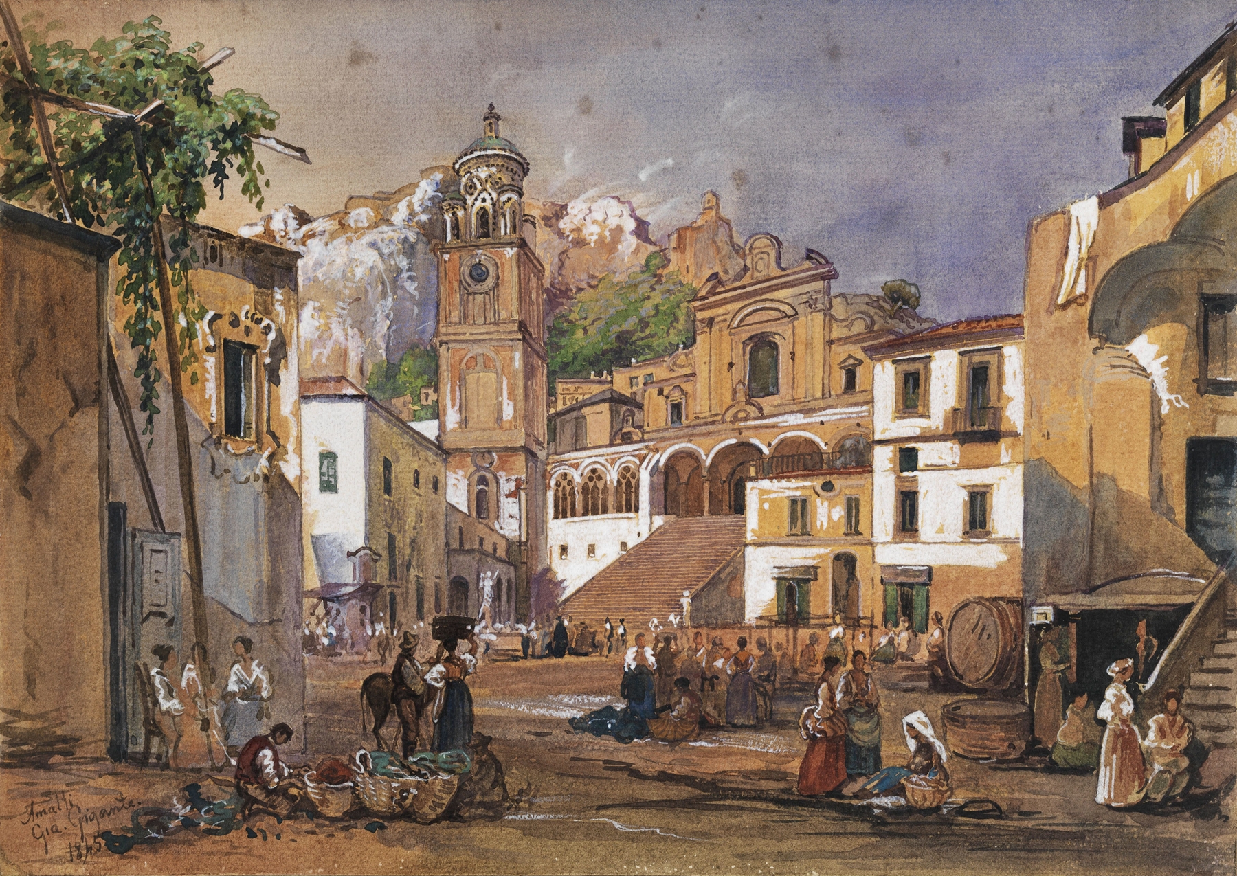 Genre scene depicting a market in Amalfi by Giacinto Gigante, oil painting