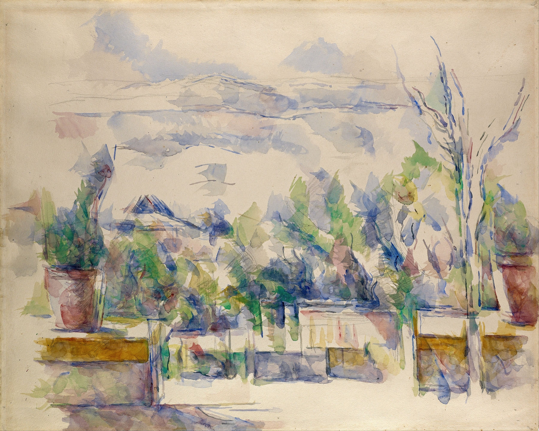 The Terrace at the Garden at Les Lauves by Paul Cezanne, oil painting of a figure on a terrace.
