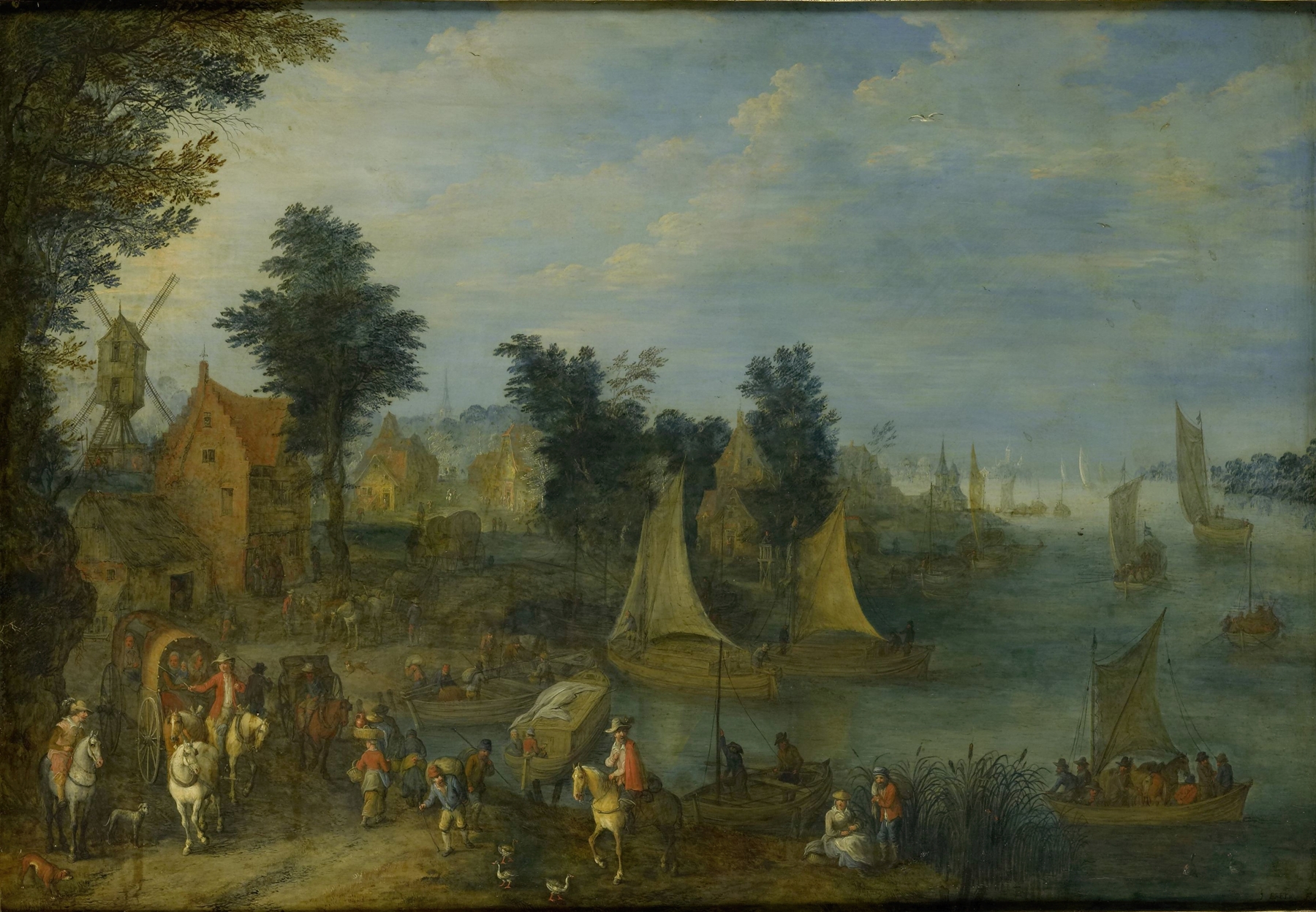 Village on the Bank of a River, oil on canvas by Joseph van Bredael, depicting a tranquil riverside scene.