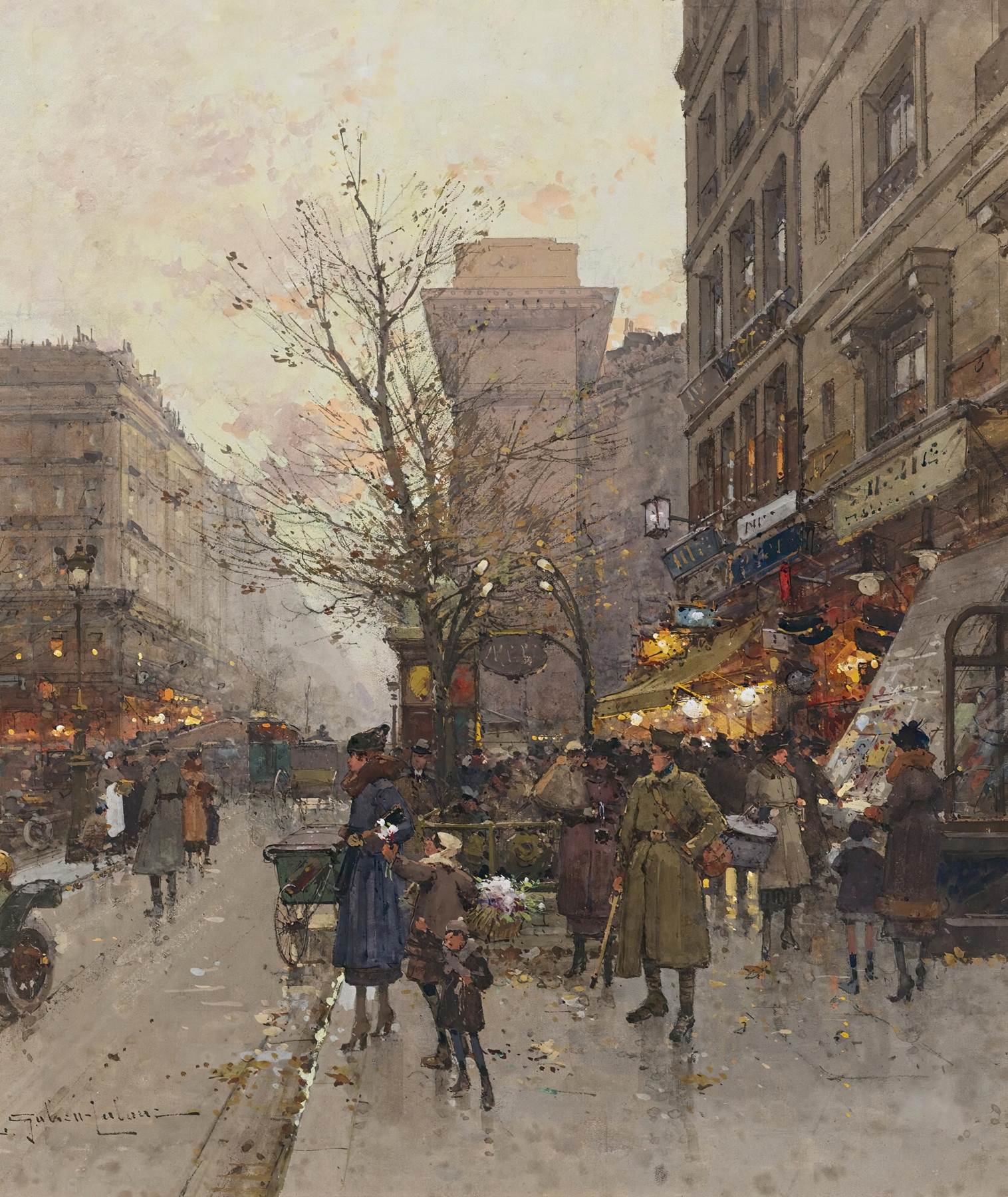 oil painting of Porte Saint Denis archway by Eugène Galien-Laloue