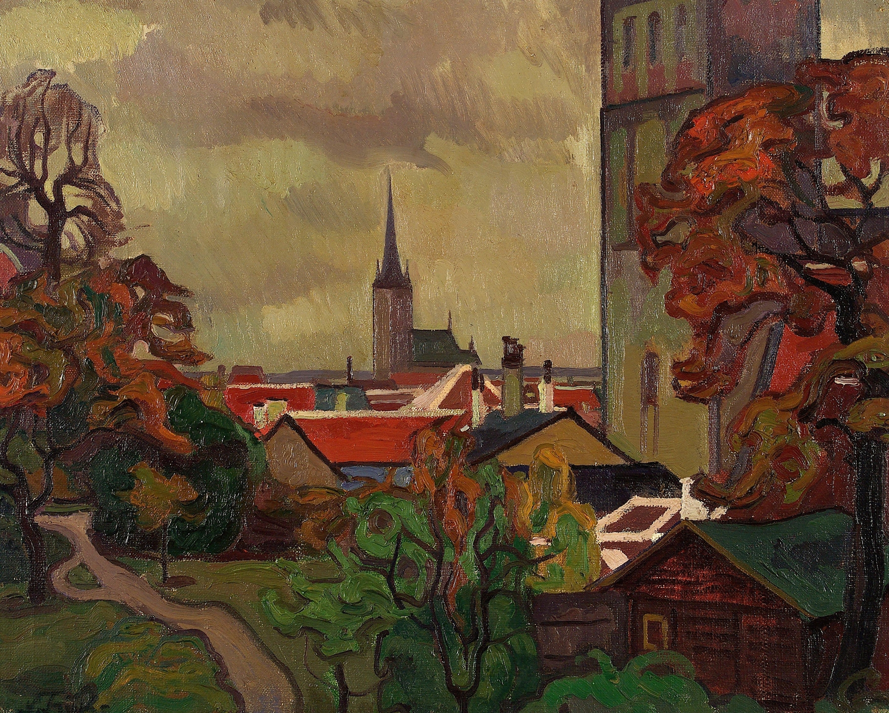 Landscape of Tallinn by Nikolai Triik, 1915, depicting a cityscape with light and shadow interplay.