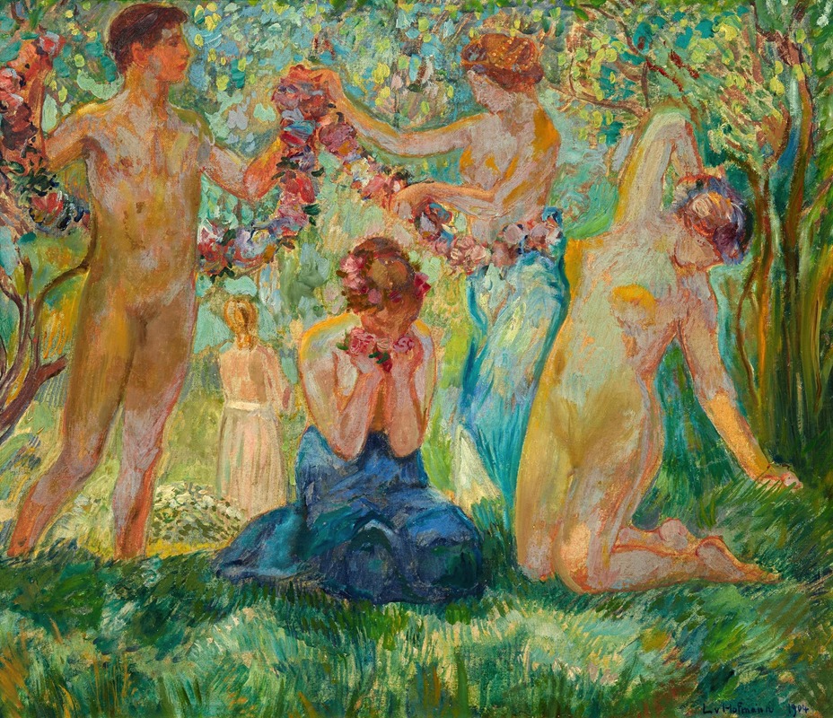 A vibrant painting depicting dancers adorned with flower garlands.
