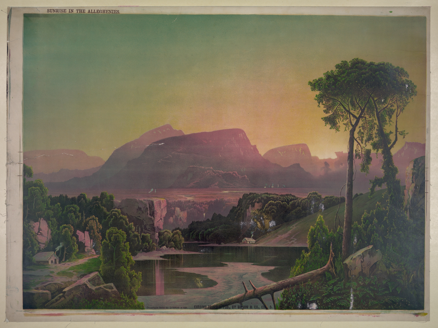Sunrise in the Alleghenies lithograph by Gibson & Co. Lith showing dawn over mountains