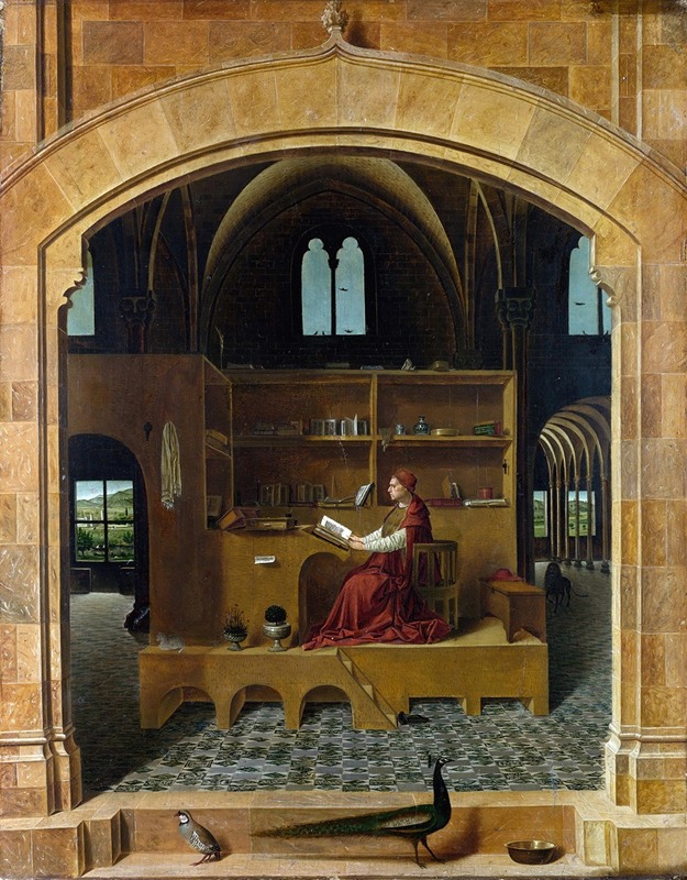 St. Jerome in His Study by Antonello da Messina depicts a scholarly figure in a richly detailed interior.