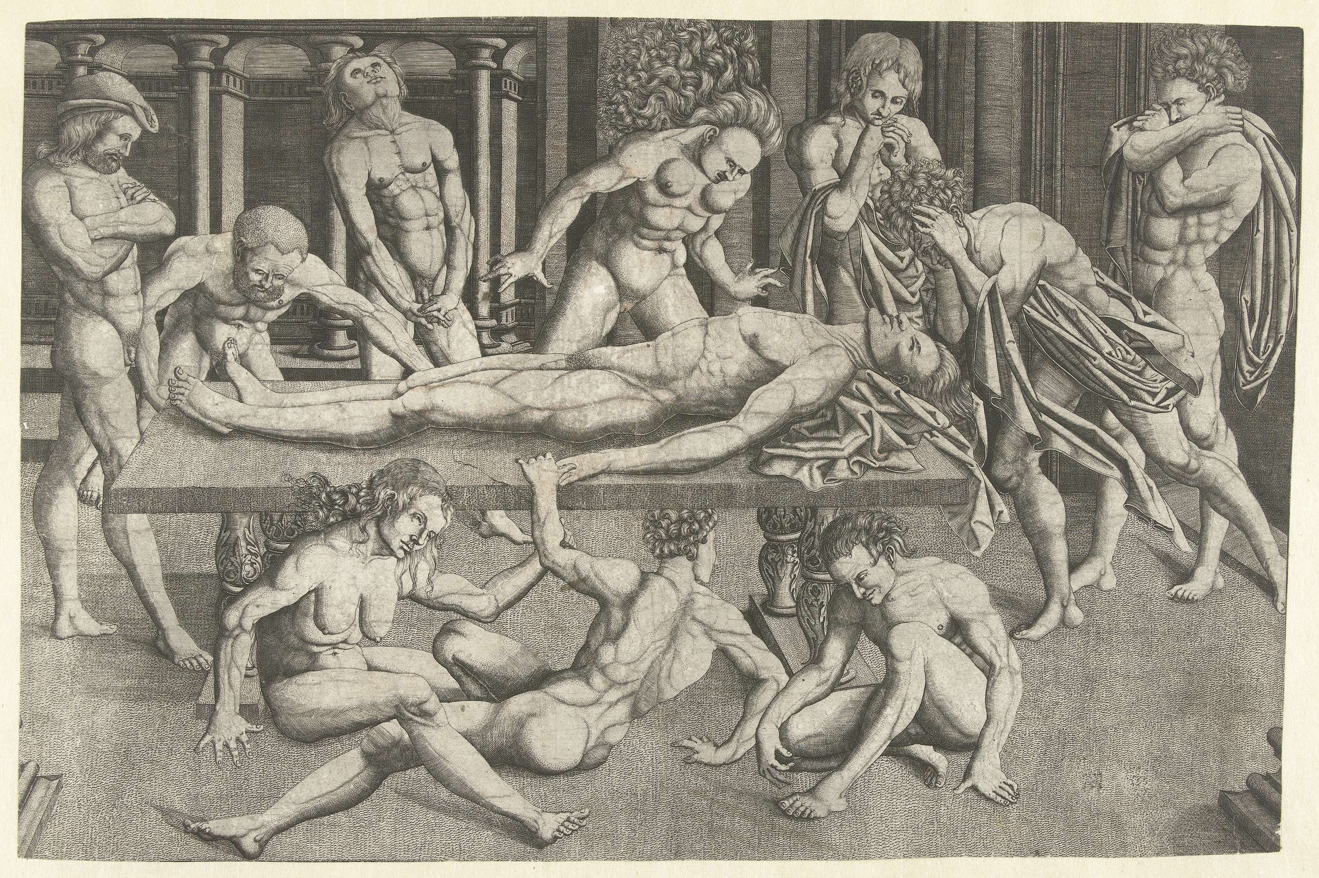 Historical engraving by Allaert Claesz depicting a mourning ceremony