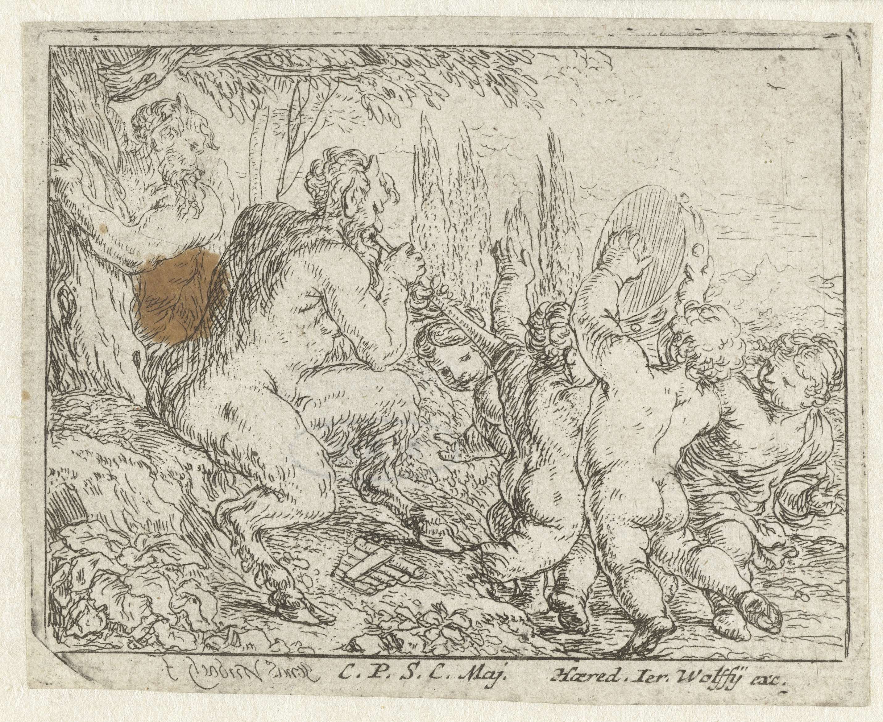 Etching by Jonas Umbach depicting children dancing and a sater playing music.