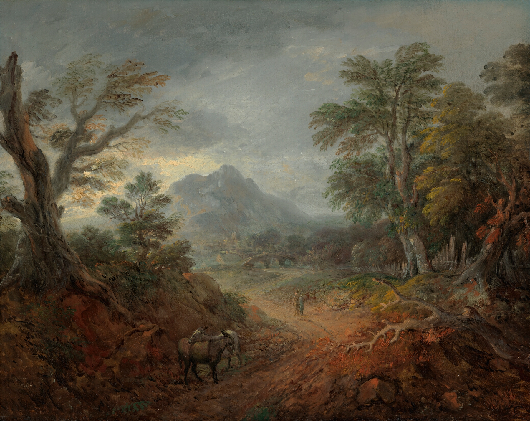 Wooded landscape with donkeys and figures on a path, oil painting by Thomas Gainsborough