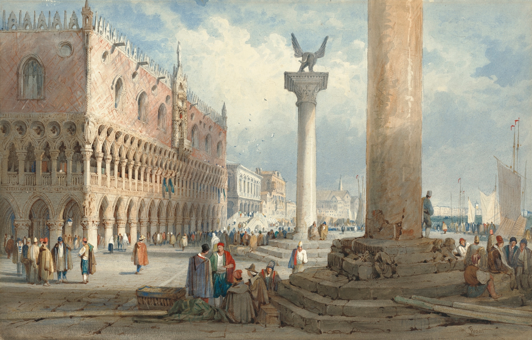 A view of the Doge’s Palace, looking towards the Riva degli Schiavoni, Venice, by Samuel Prout, public domain