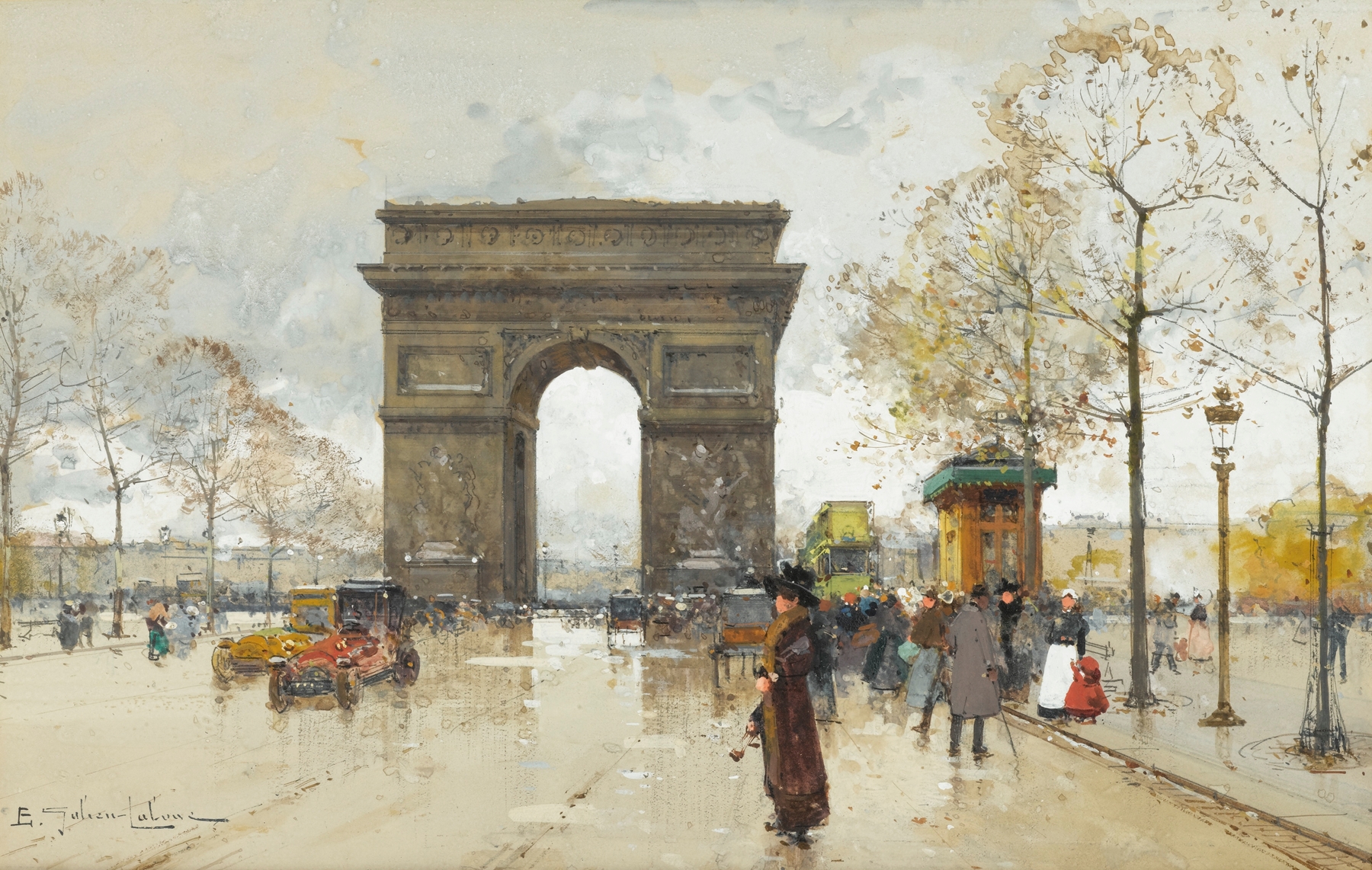 L’arc De Triomphe by Eugène Galien-Laloue, oil on canvas depicting a Parisian landscape.