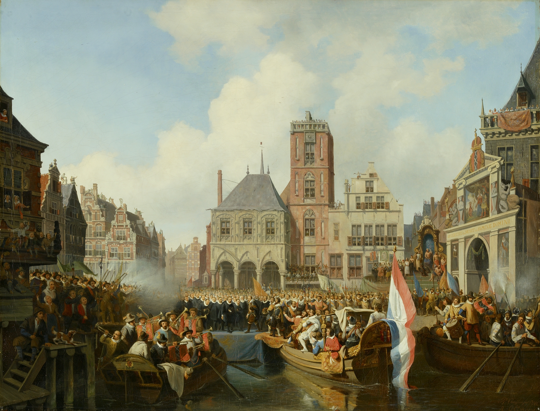 Historical scene with crowd and banners, oil painting by Reinier Craeyvanger