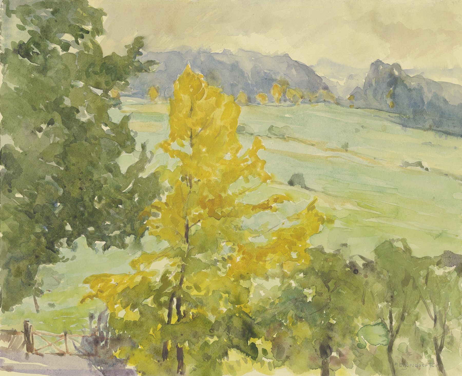 Rhön landscape by Andreas Egersdoerfer, oil on canvas depicting gentle hills and a tranquil sky.