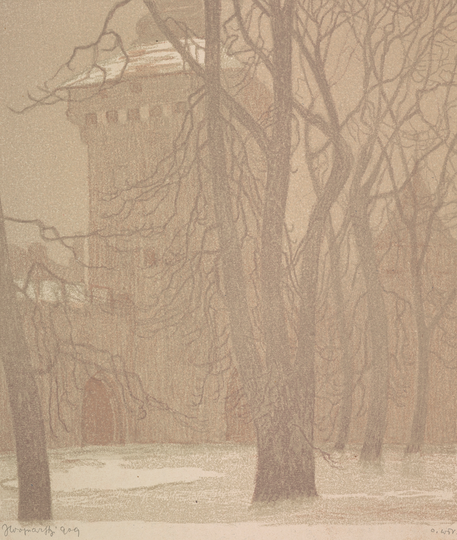 Landscape with towers and soft colors by Jan Wojnarski, 1909