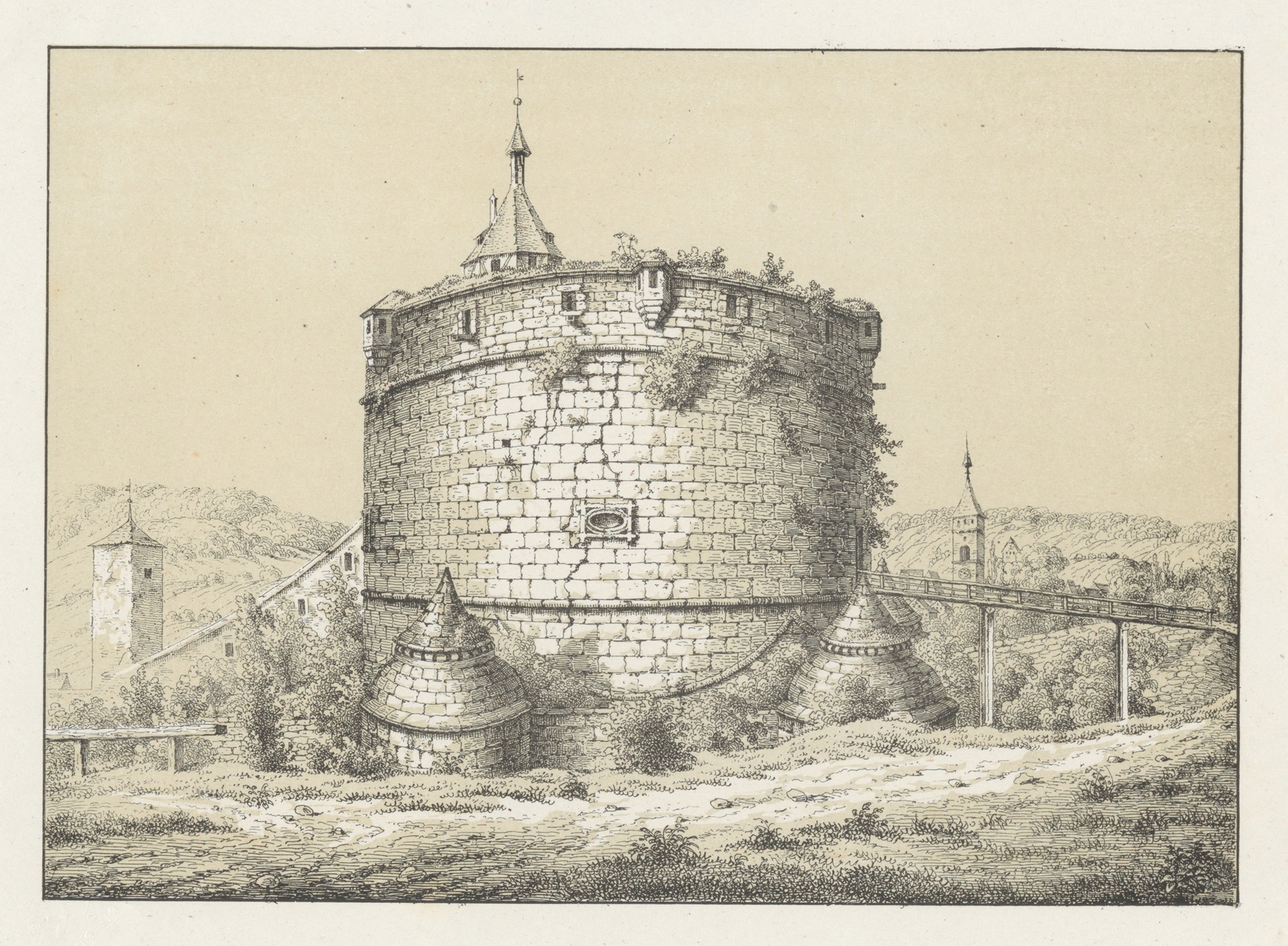 Munoth by Johann Friedrich Wagner, oil painting of a fortress under a dramatic sky.