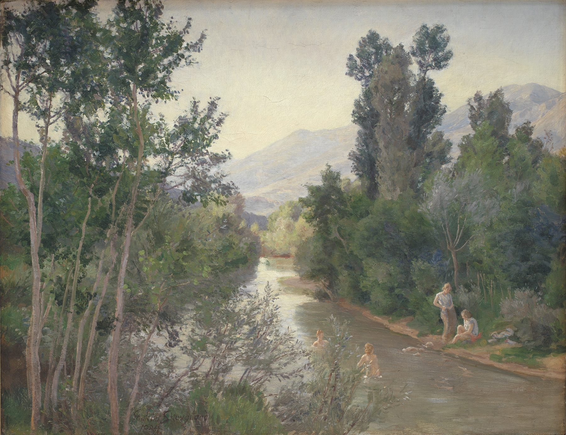 Autumn landscape with river and foliage, oil painting by Joakim Skovgaard