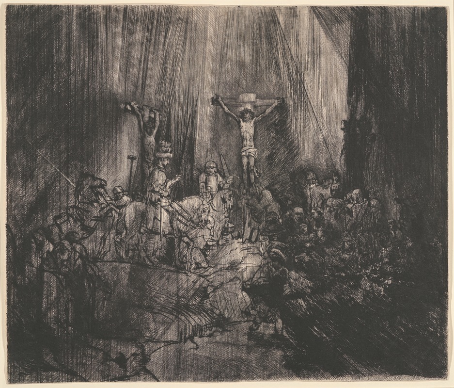 Rembrandt's 'Christ Crucified between the Two Thieves' captures a dramatic moment of the crucifixion.